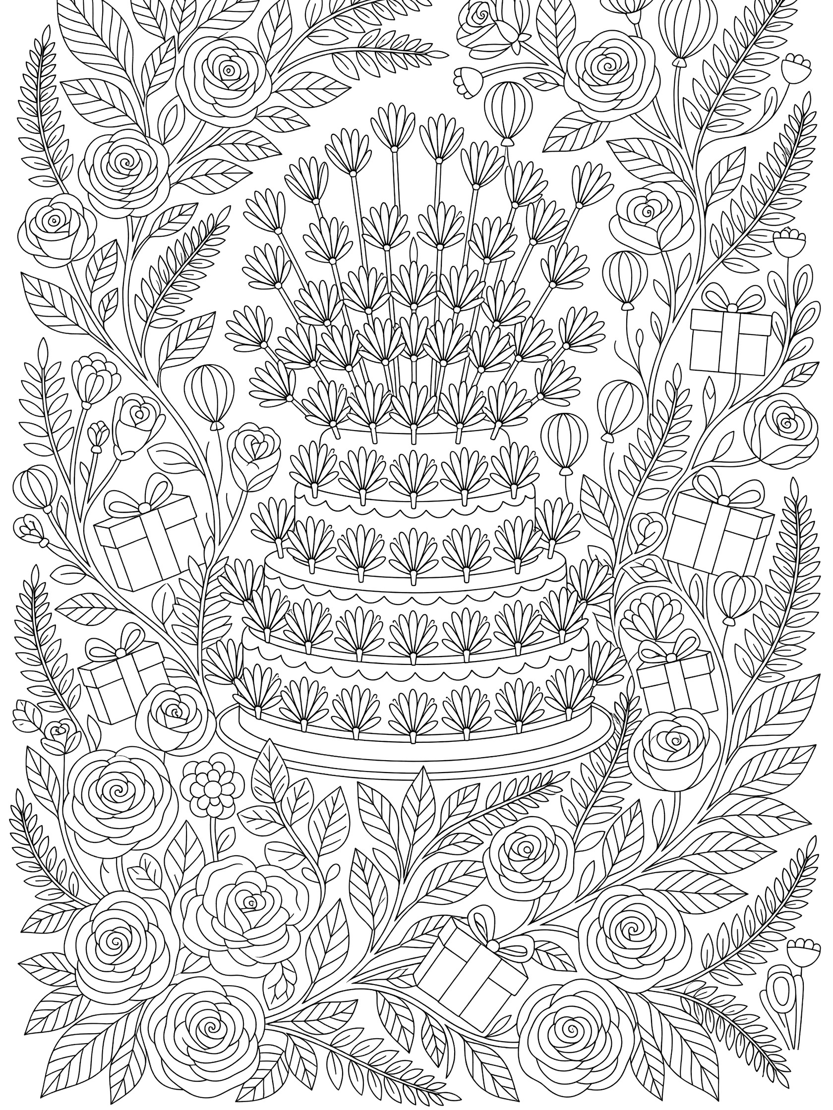 Black and white line art of a symmetrical 70th birthday cake with petal candle clusters, roses, ferns, vines, and wrapped gifts in a nature bloom design.