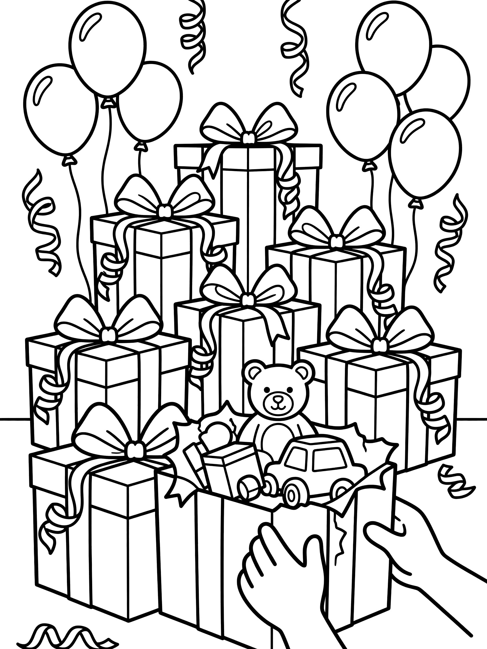 Black and white coloring page of 70th birthday presents piled high on a table with big bows, ribbons, balloons, streamers, and hands opening one box to show a teddy bear and toy car.