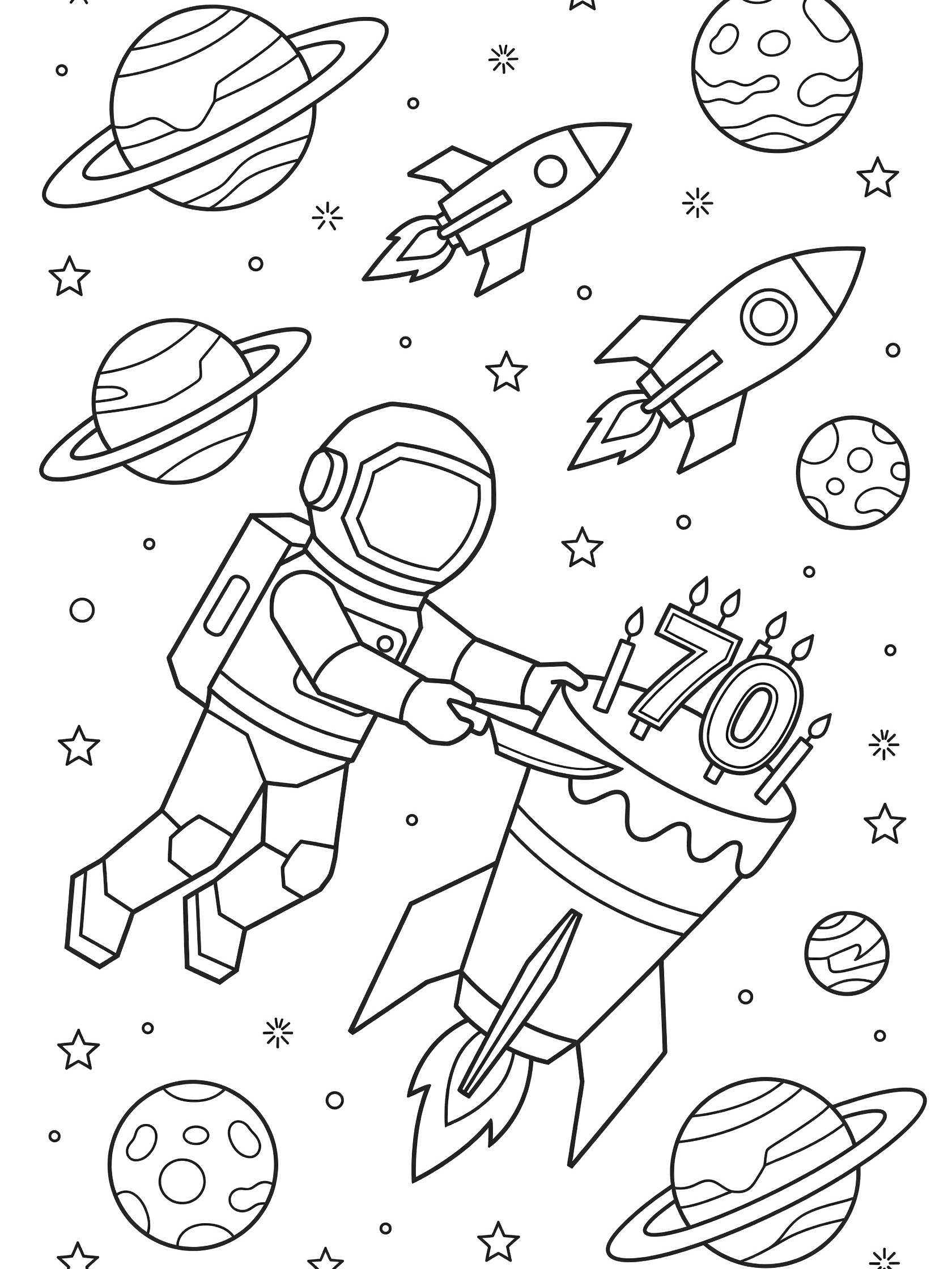 Black and white line art of an astronaut cutting a 70th birthday rocket cake in space with orbiting planets, stars, and spaceships.