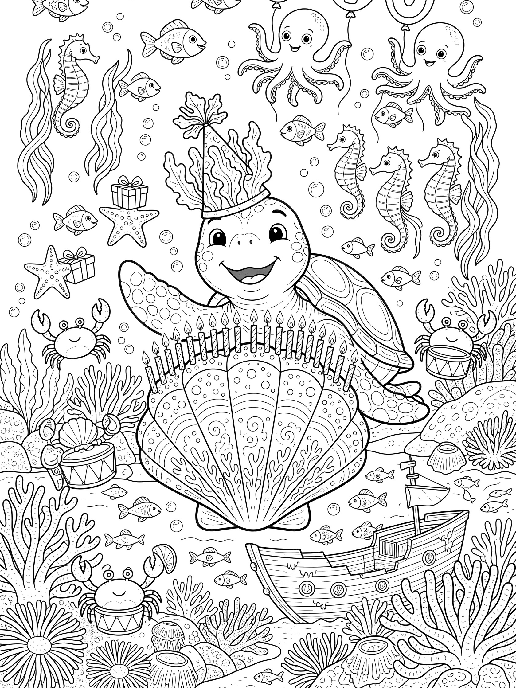 Black and white coloring page of cheerful sea turtle in kelp party hat blowing out 70 candles on seashell birthday cake with ocean friends at underwater 70th birthday party.