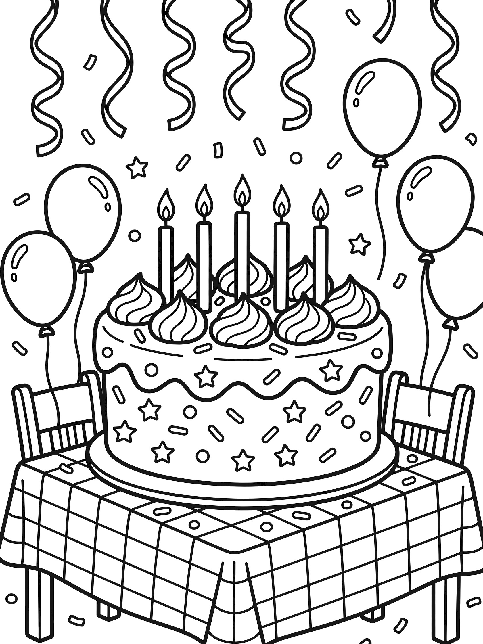 Black and white coloring page of a 7th birthday cake with seven candles, frosting, sprinkles, balloons, streamers, confetti, and checkered tablecloth.