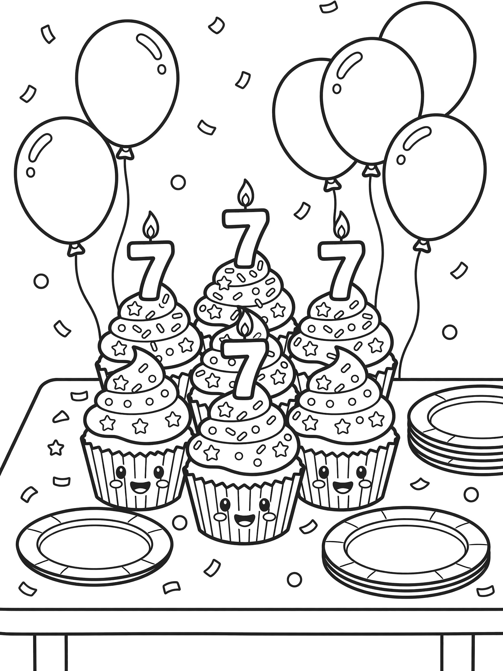 Black and white coloring page of seven smiling cupcakes with 7 candles, balloons and confetti for 7th birthday