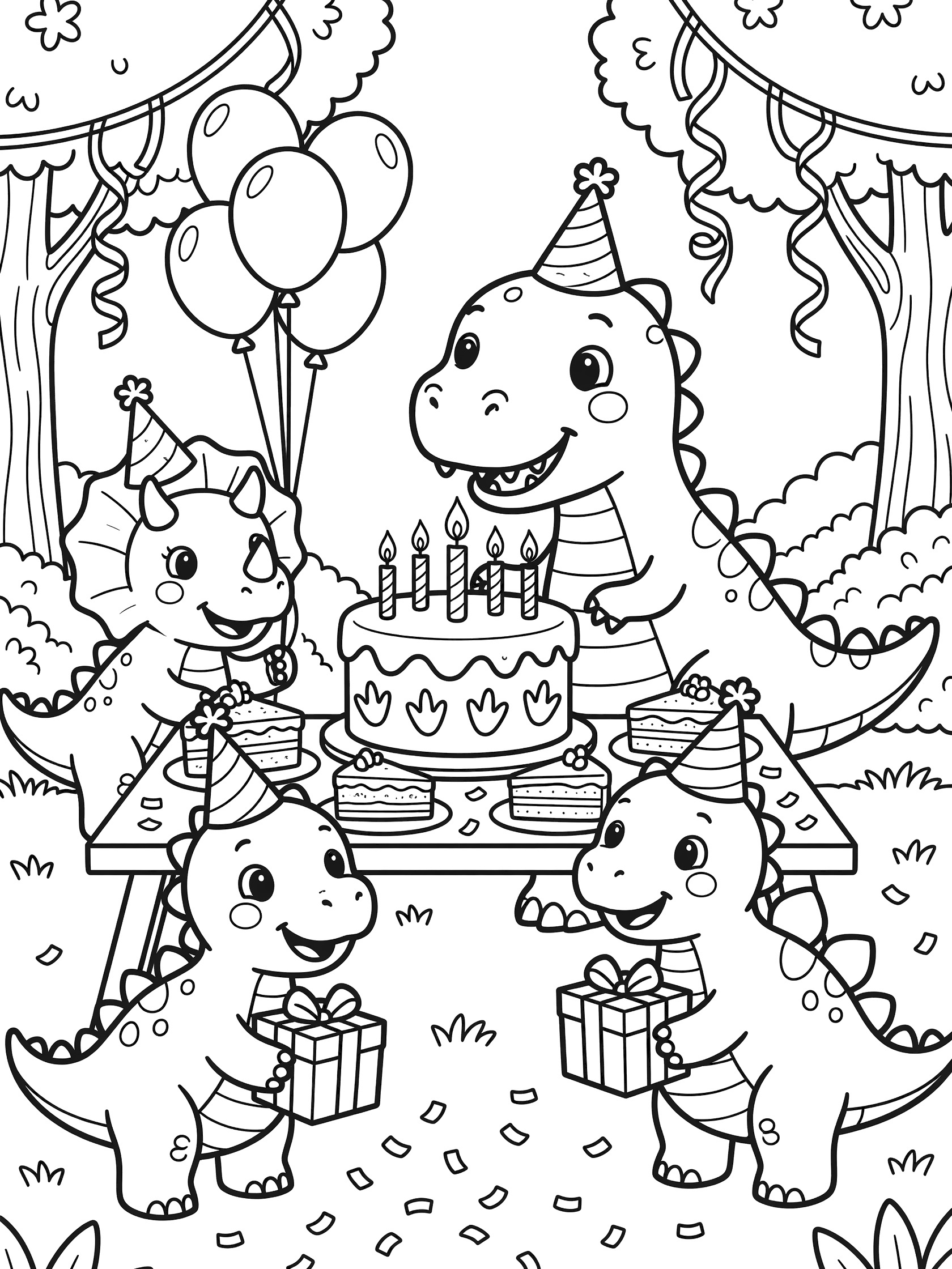 Black and white coloring page of cute T-Rex dinosaur in party hat blowing out seven candles on birthday cake with triceratops and stegosaurus pals holding balloons and gifts at a festive dino party.