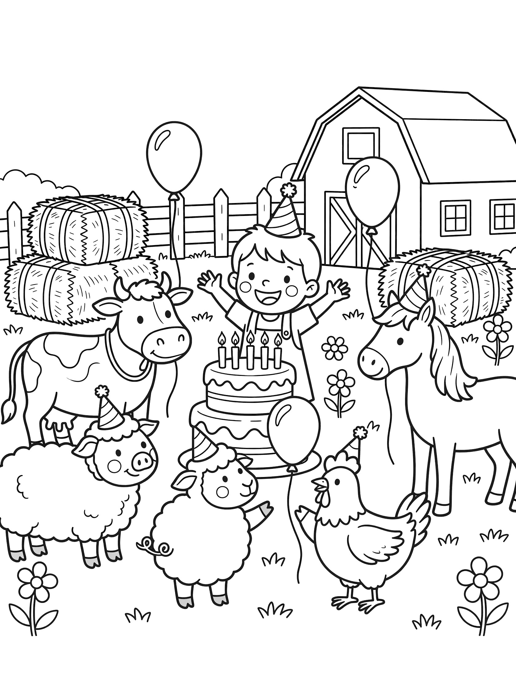 Black and white coloring page of a happy child in party hat blowing out 7 candles on birthday cake with farm animals in party hats holding balloons, red barn, hay bales, and fence in background.