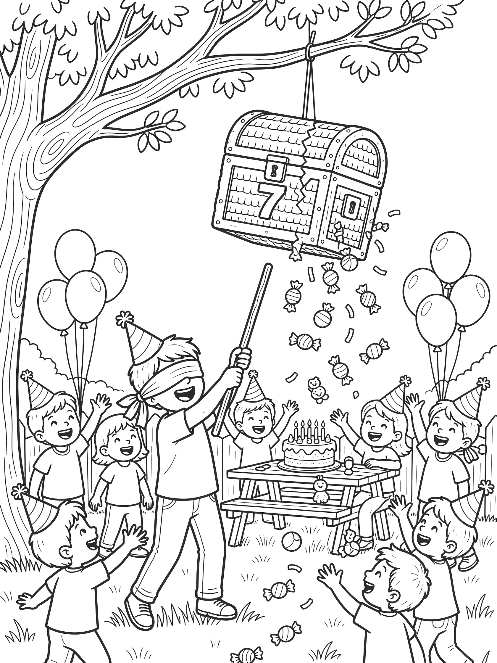 Black and white line art of 7th birthday piñata with treasure chest shape, blindfolded kid swinging stick, cheering children, spilling candies, picnic table, cake and balloons.