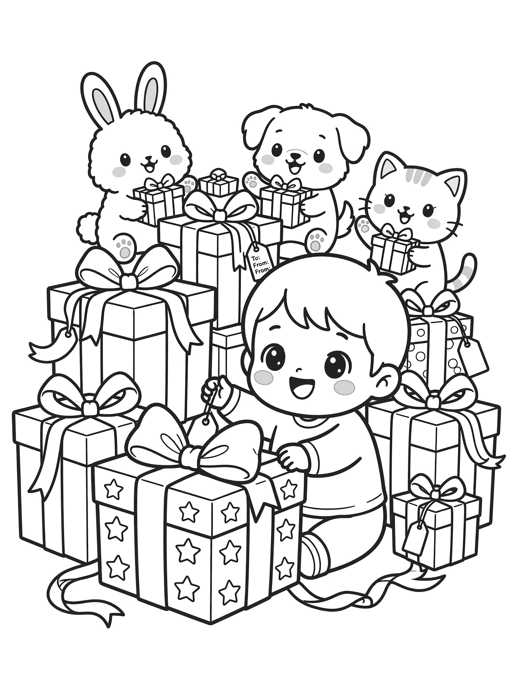 Black and white kawaii coloring page showing a joyful chibi child sitting on the floor unwrapping a large birthday present with seven stars, piles of wrapped gifts, and peeking bunny, puppy, and kitten.