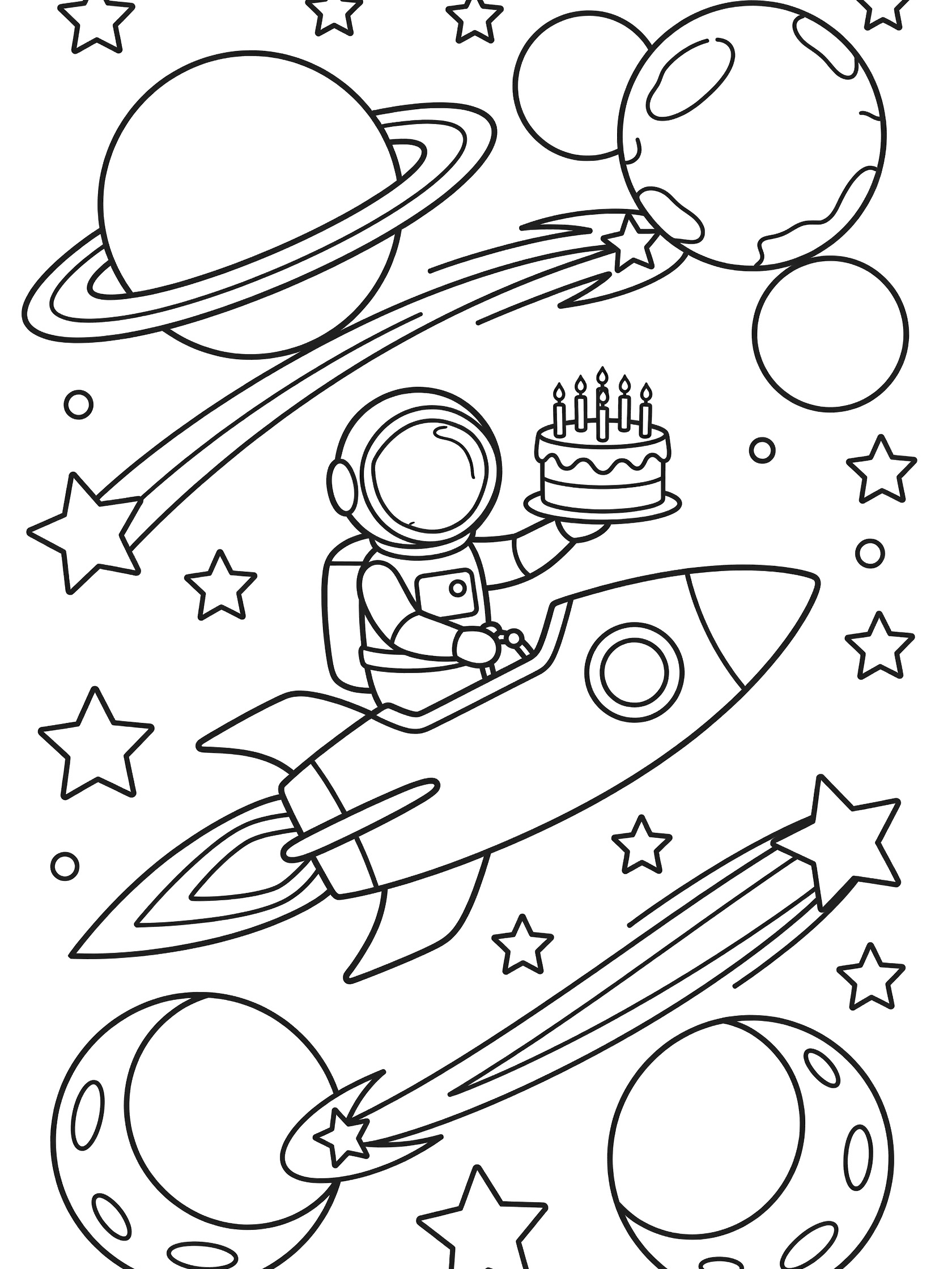 Black and white line art coloring page of astronaut on 7th birthday space adventure in rocket ship with floating cake, seven candles, planets, stars, moons, and comets