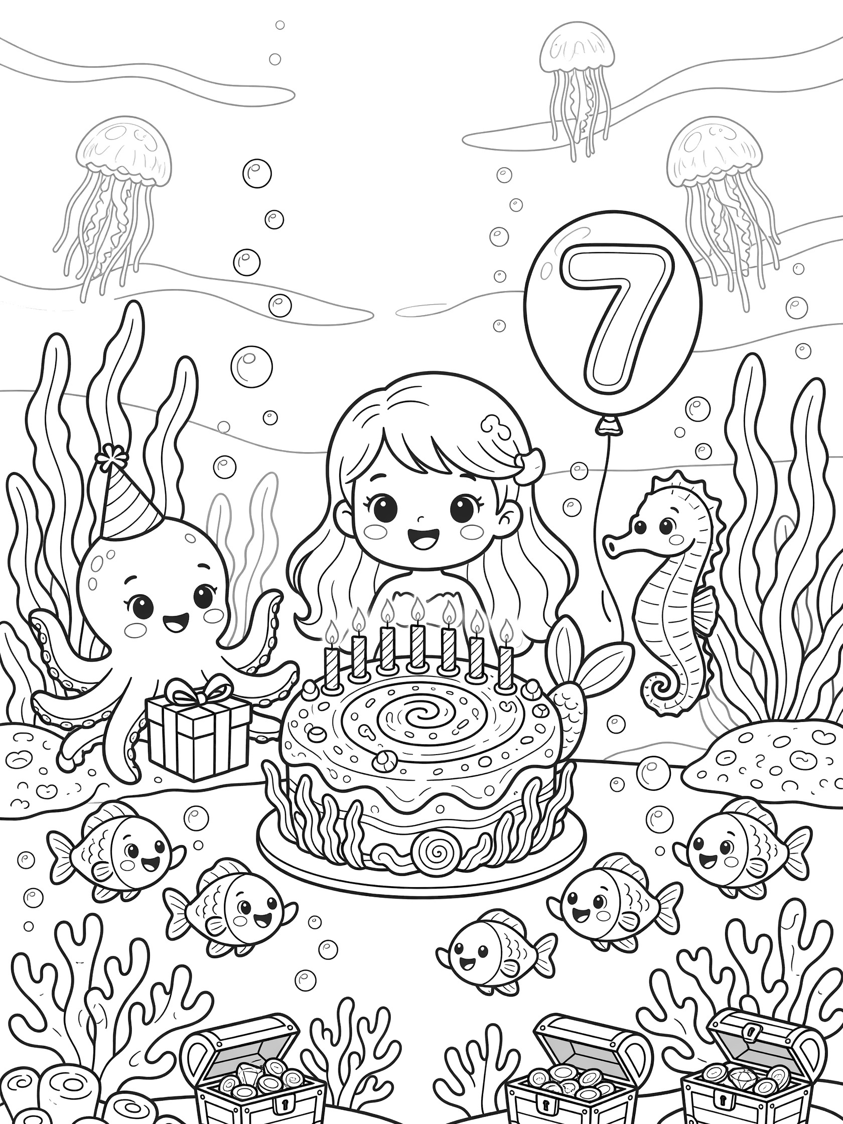 Black and white coloring page of cheerful chibi mermaid at 7th birthday party underwater, blowing candles on seashell cake with octopus in party hat, seahorse with number 7 balloon, fish, coral, and bubbles