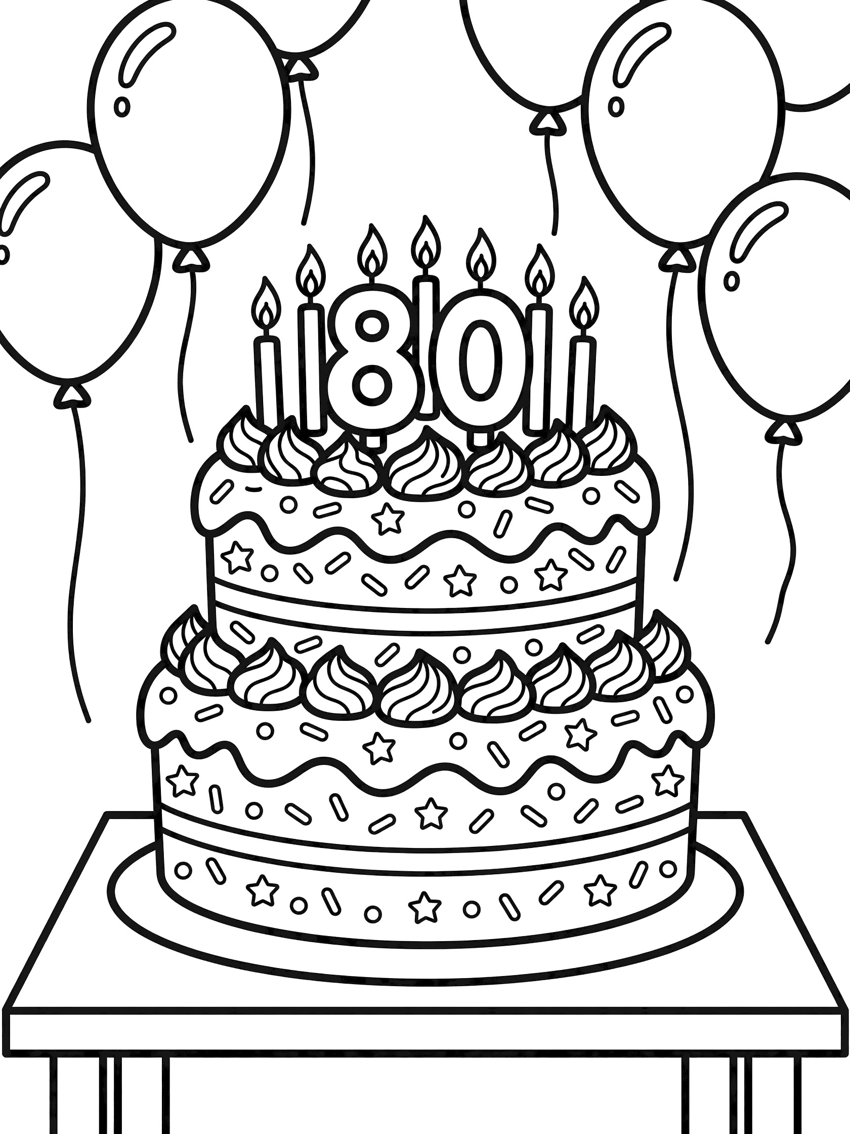 Cute cartoon 80th birthday cake on a table with 80 candles, sprinkles, frosting, and floating balloons coloring page
