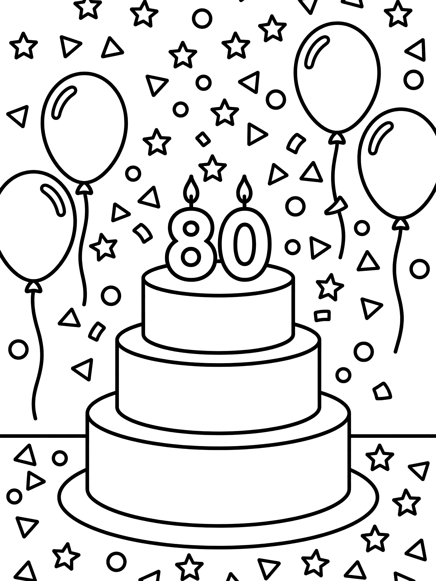 Black and white coloring page of a birthday cake with 80 candles, confetti stars, triangles, circles, and balloons for 80th birthday coloring fun.