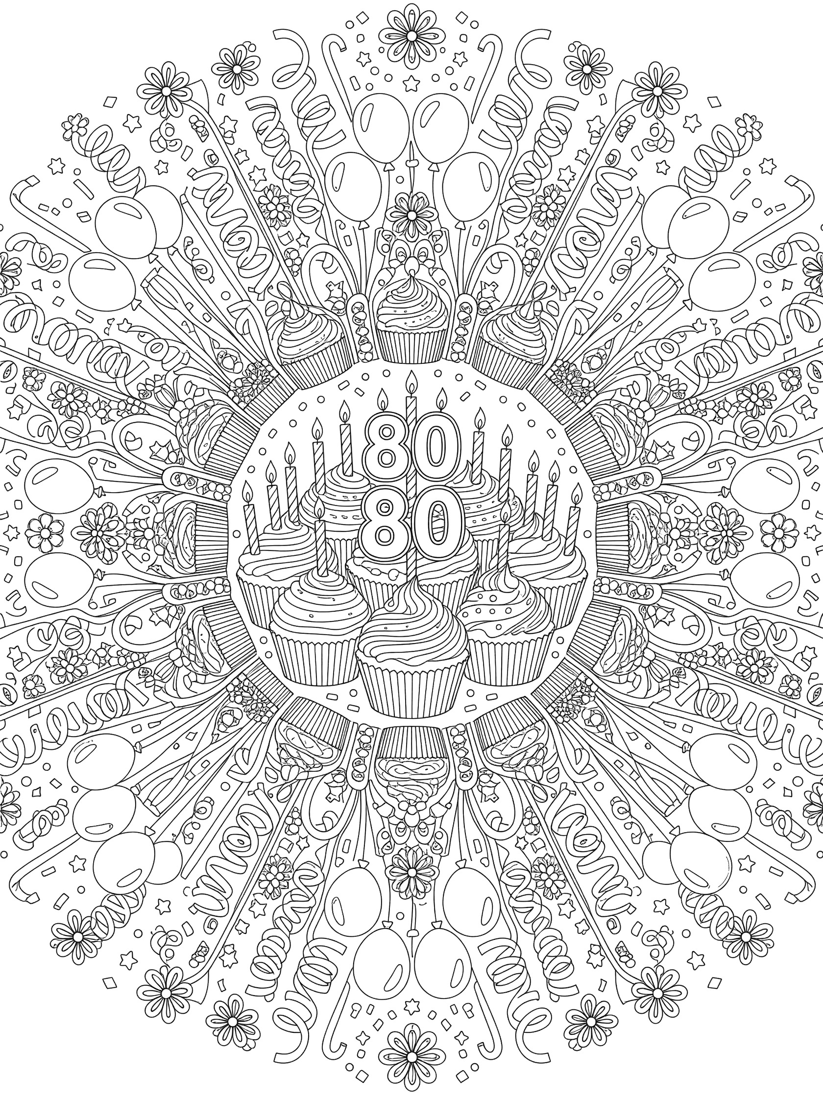 Detailed black and white line art of symmetrical 80th birthday cupcakes with lit candles, balloons, confetti, and floral patterns in a circular mandala style.