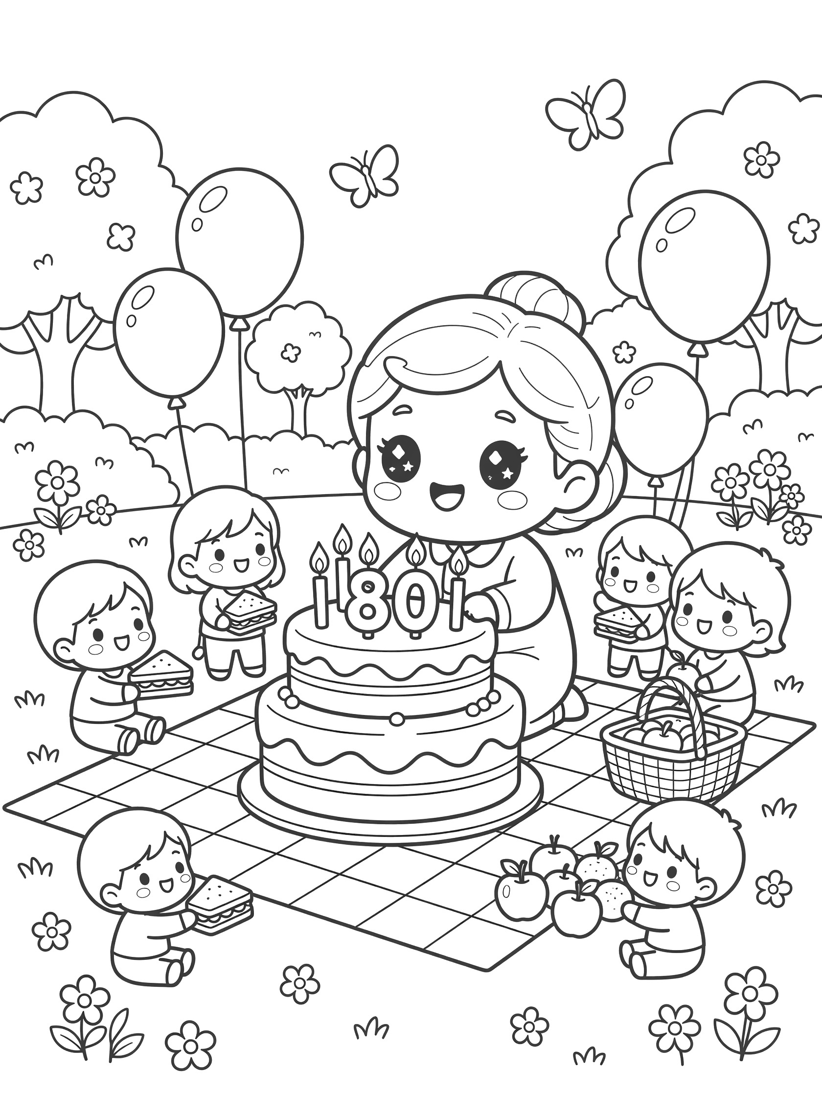Kawaii line art coloring page showing cute chibi grandma with big eyes smiling and blowing 80 candles on oversized cake during outdoor picnic on checkered blanket with chibi kids holding sandwiches, fruits, balloons, picnic basket, trees, flowers, and butterflies.