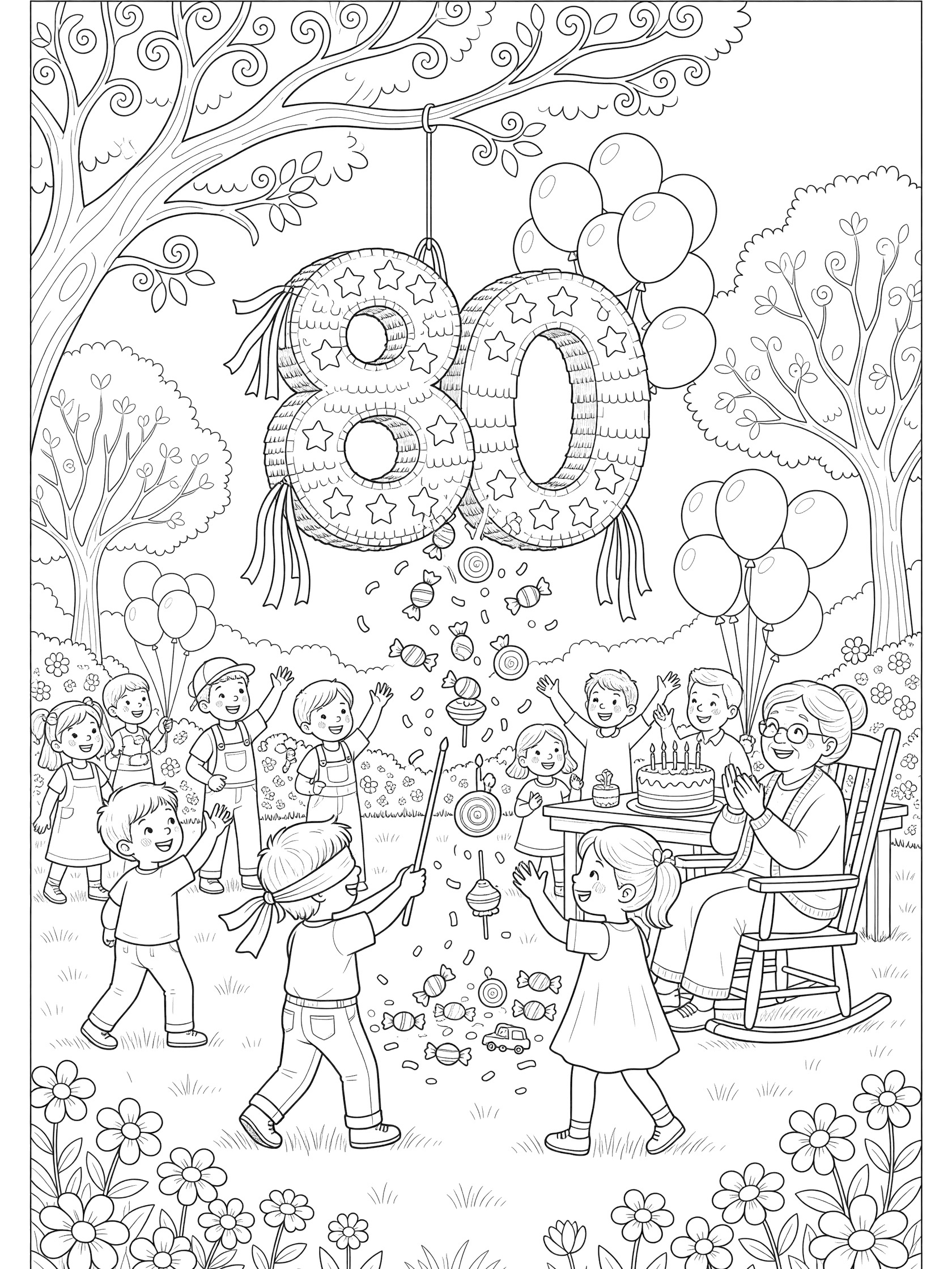 Coloring page showing elementary kids blindfolded swinging at a big 80th birthday piñata with ribbons and stars, candy falling, balloons floating, picnic table with cake, and grandma in rocking chair clapping.