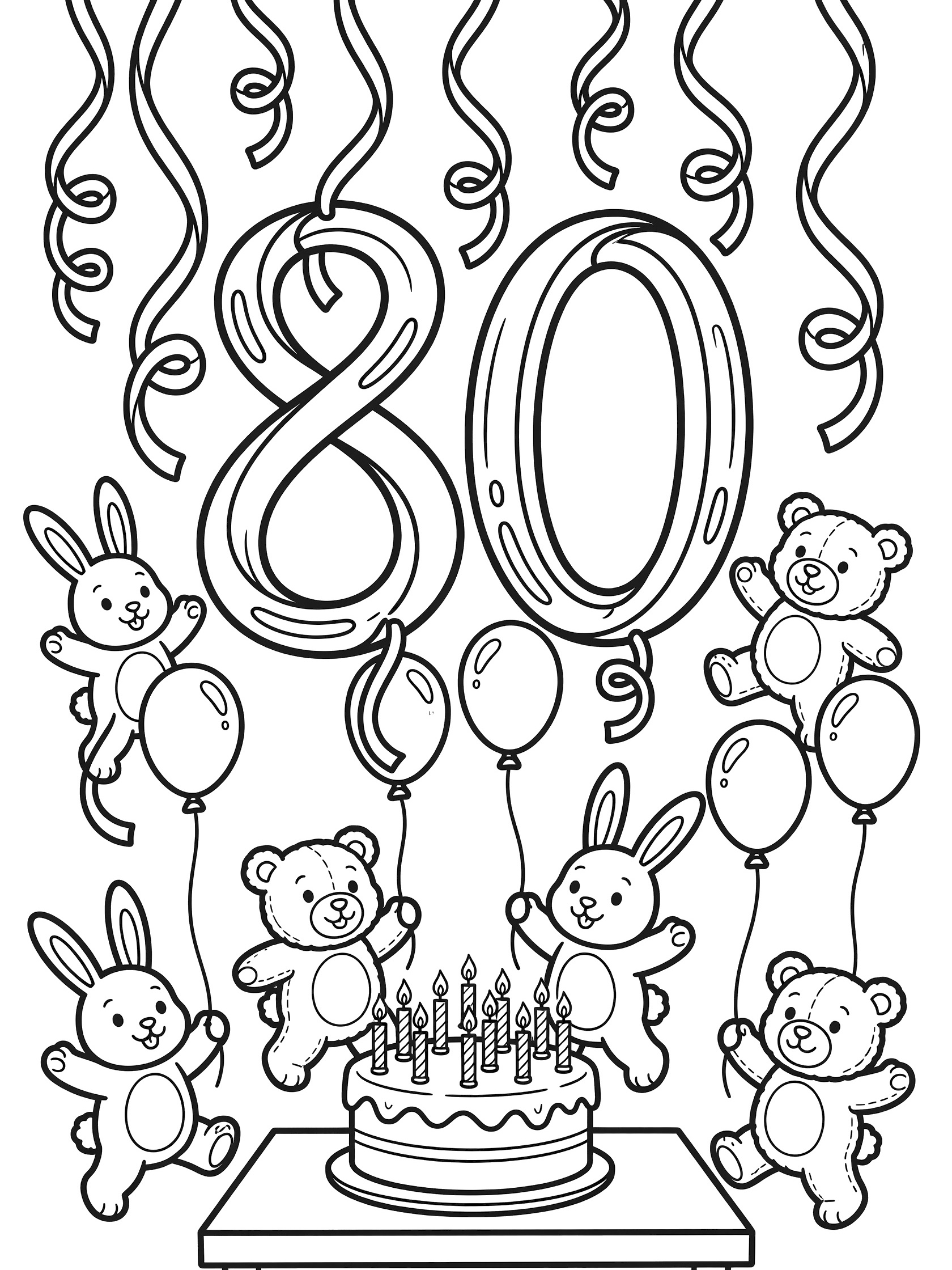 Black and white line art of 80th birthday party with streamers shaped like 8 and 0, cute cartoon bunnies and teddy bears with balloons, and round cake with candles on table.