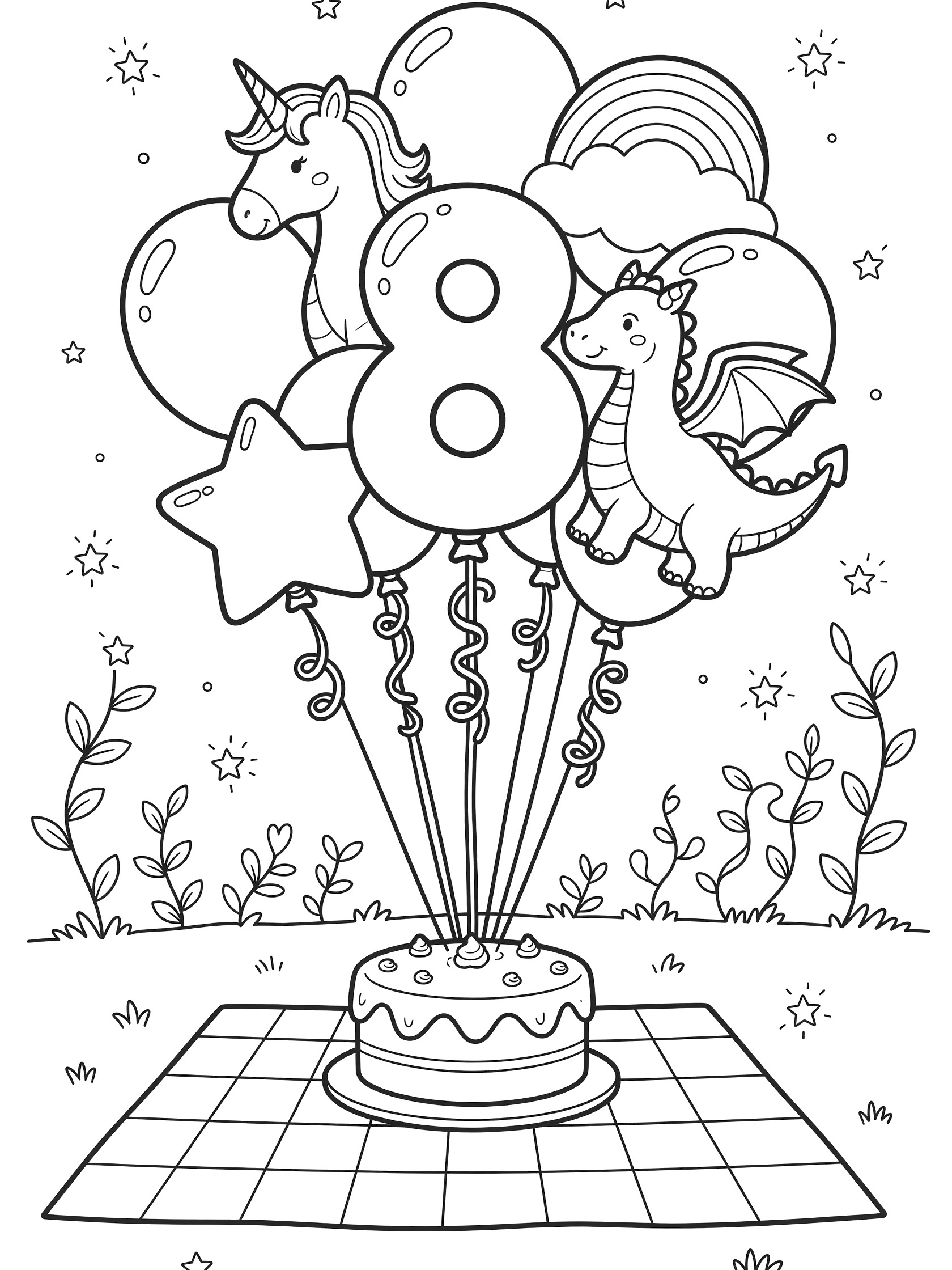 Black and white line art of 8th birthday balloons including a large number 8, unicorn, dragon, star, and rainbow designs floating above a round cake on a checkered picnic blanket with vines.