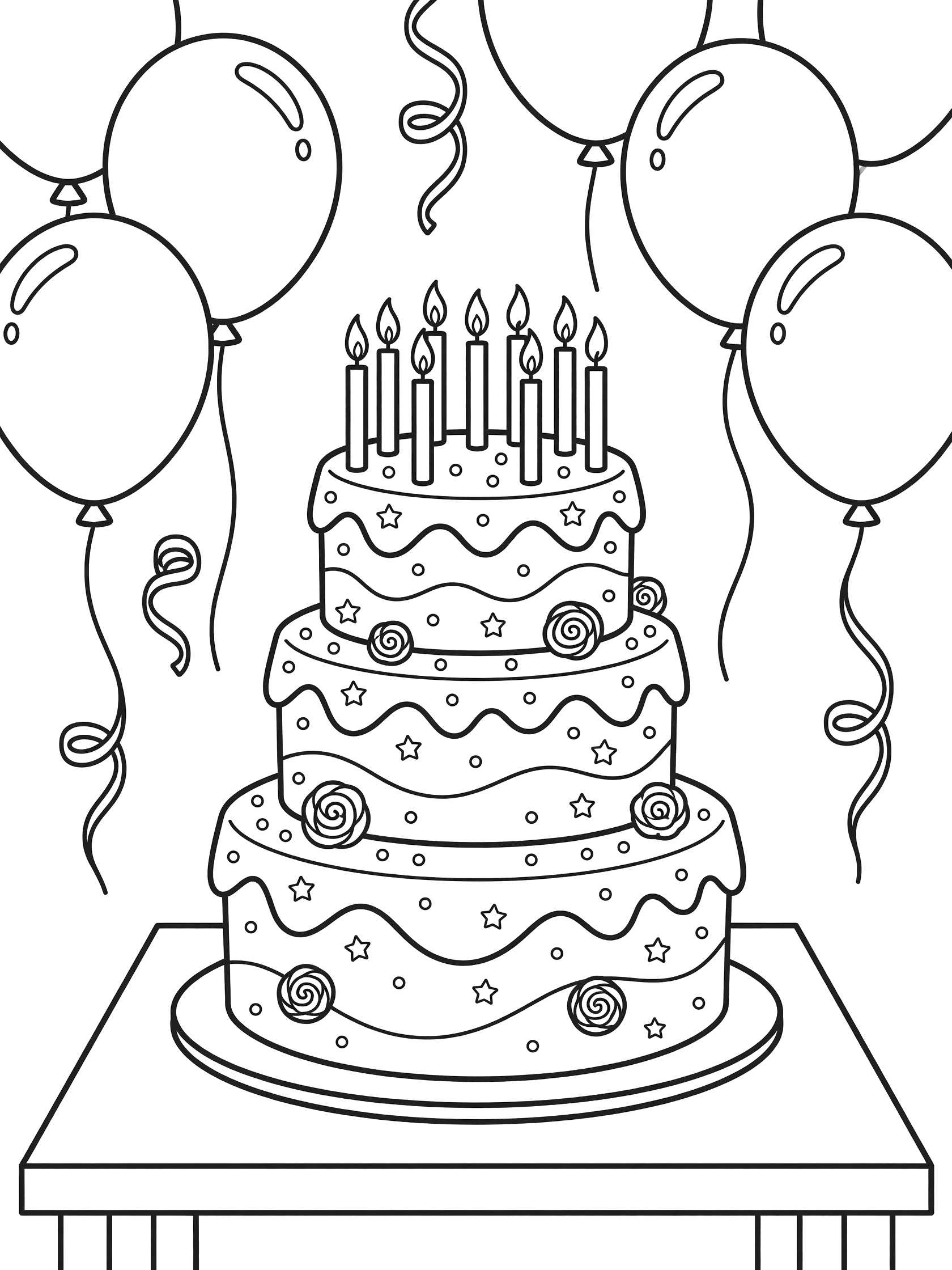 Cute line art coloring page showing a three-tier 8th birthday cake with exactly eight candles, frosting waves, rosettes, balloons, and streamers.