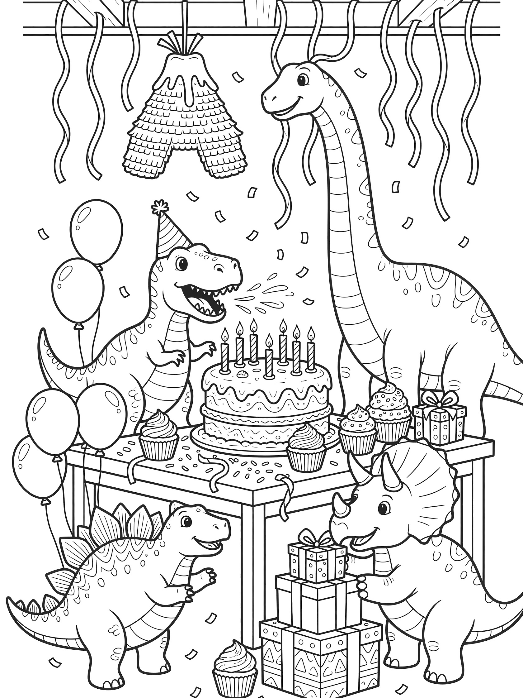 Black and white coloring page of 8th birthday dinosaur bash featuring friendly T-Rex in party hat blowing out 8 candles on dinosaur cake, surrounded by Stegosaurus, Triceratops, and Brachiosaurus at a party table with cupcakes, balloons, presents, confetti, and volcano pinata.