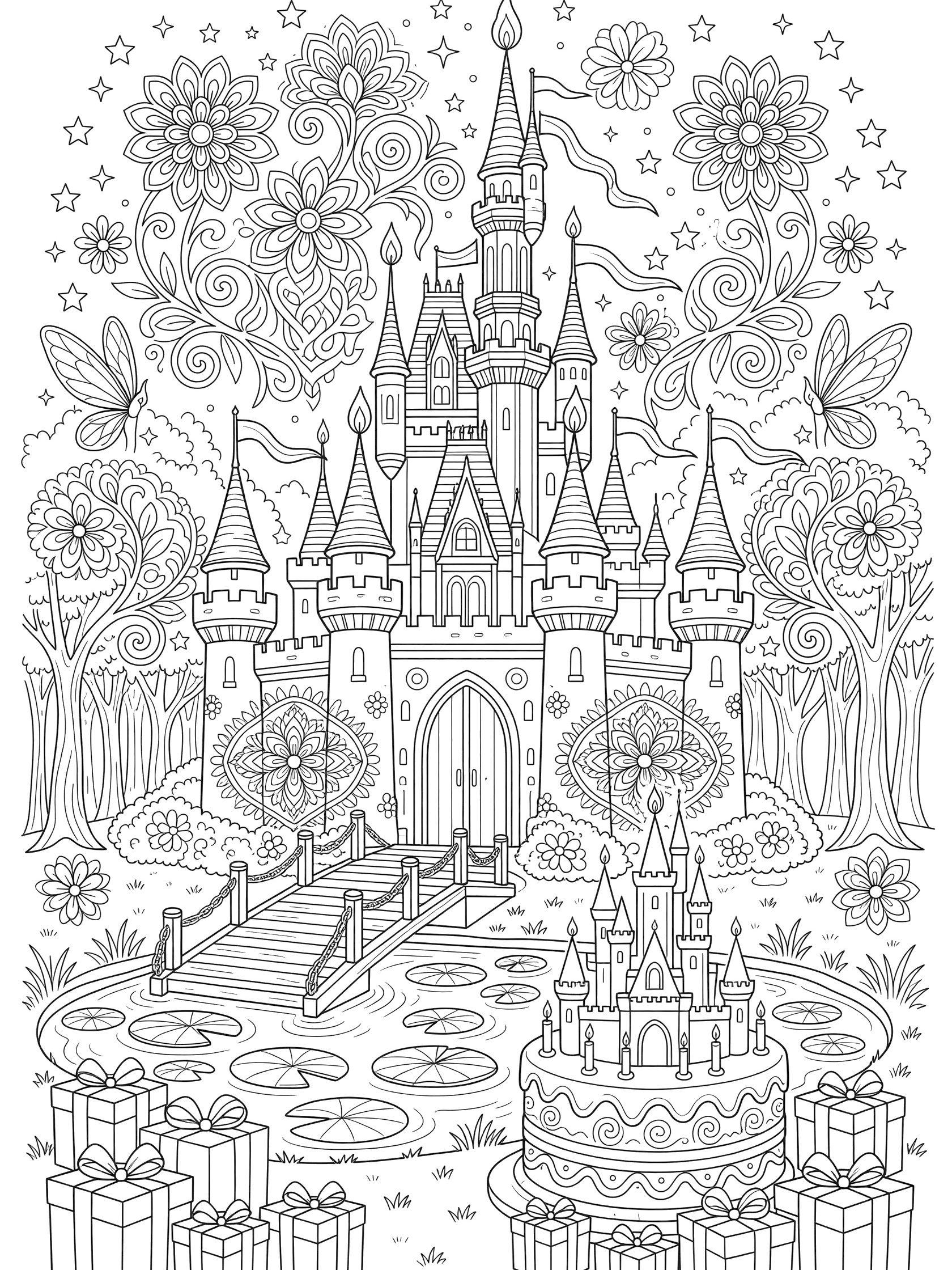 Detailed black and white line art of fairy tale castle for 8th birthday with 8 candles, lowered drawbridge, castle-shaped cake, stacked presents, lily pad moat, and swirling vine patterns.