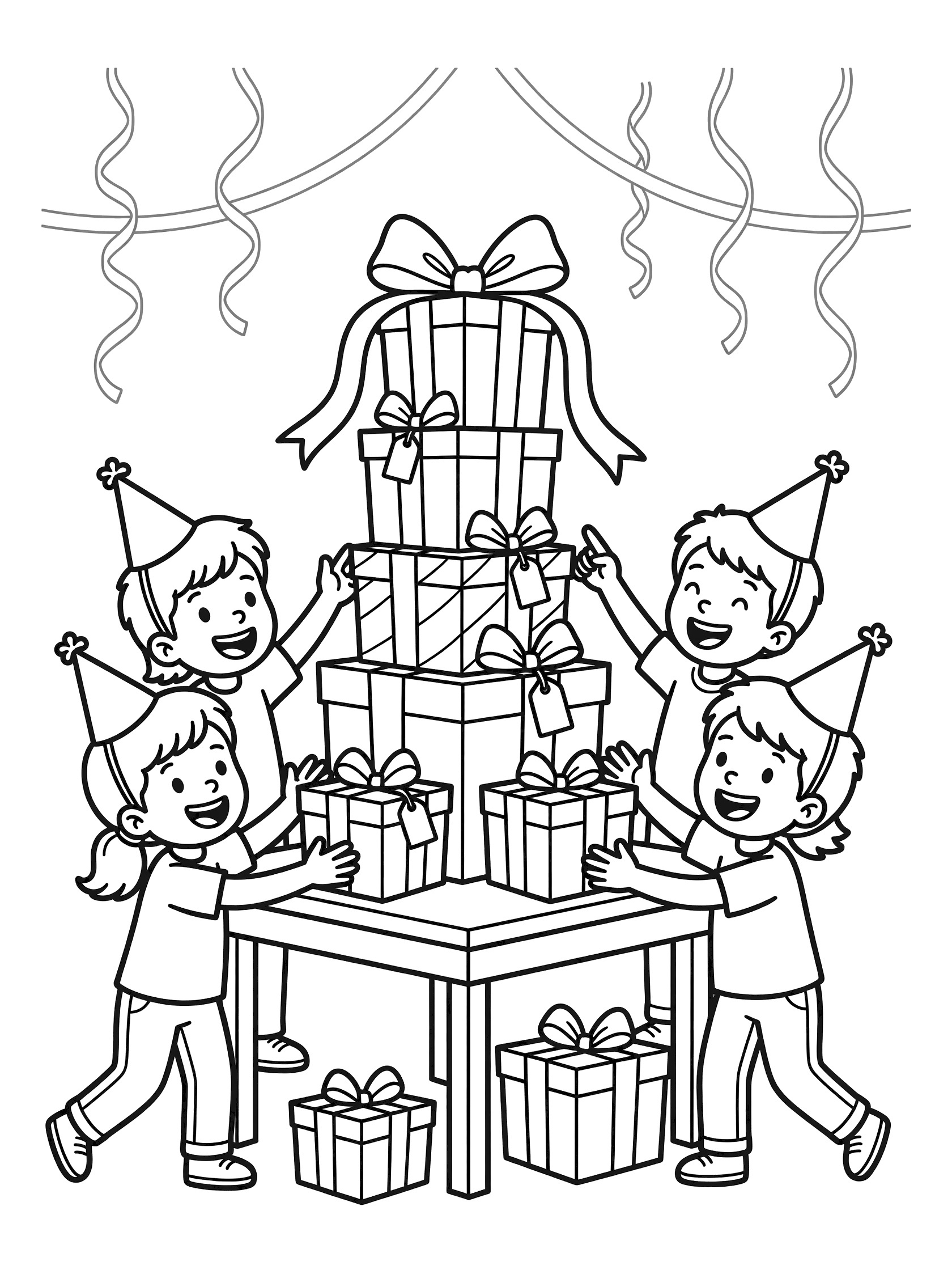 Line art coloring page showing eight stacked birthday gifts topped with a big bow, four happy kids in party hats around a table with streamers in the background