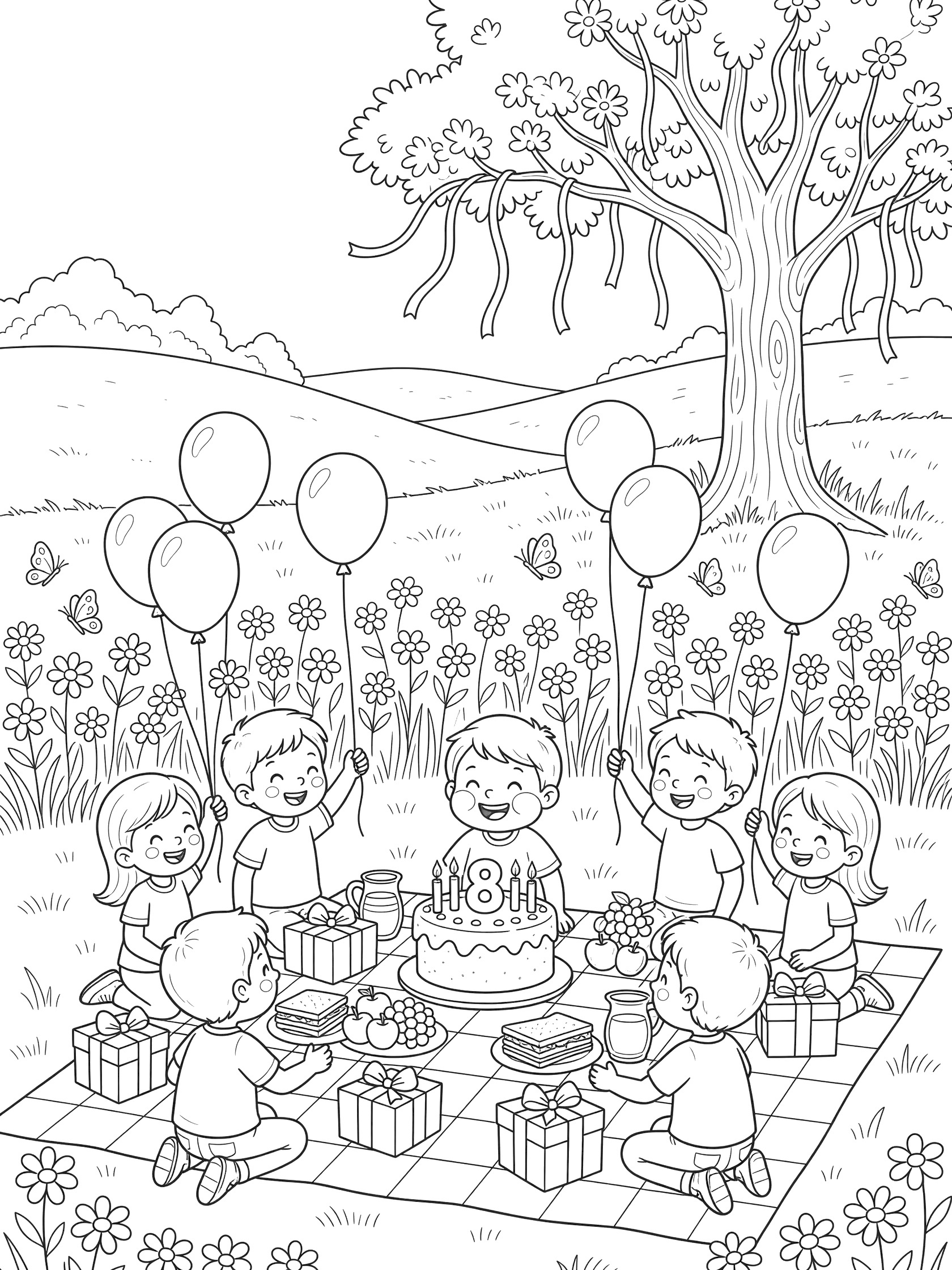 Black and white coloring page showing elementary kids celebrating 8th birthday picnic with cake numbered 8, balloons, gifts, food on checkered blanket, wildflowers, oak tree, and hills.