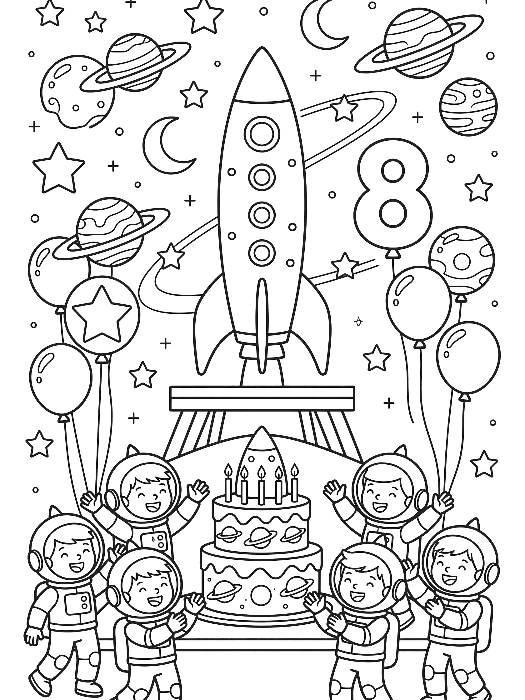 Printable coloring page showing elementary kids cheering around a rocket-shaped cake with 8 candles for an 8th birthday space party, next to a launchpad rocket with star and planet balloons.