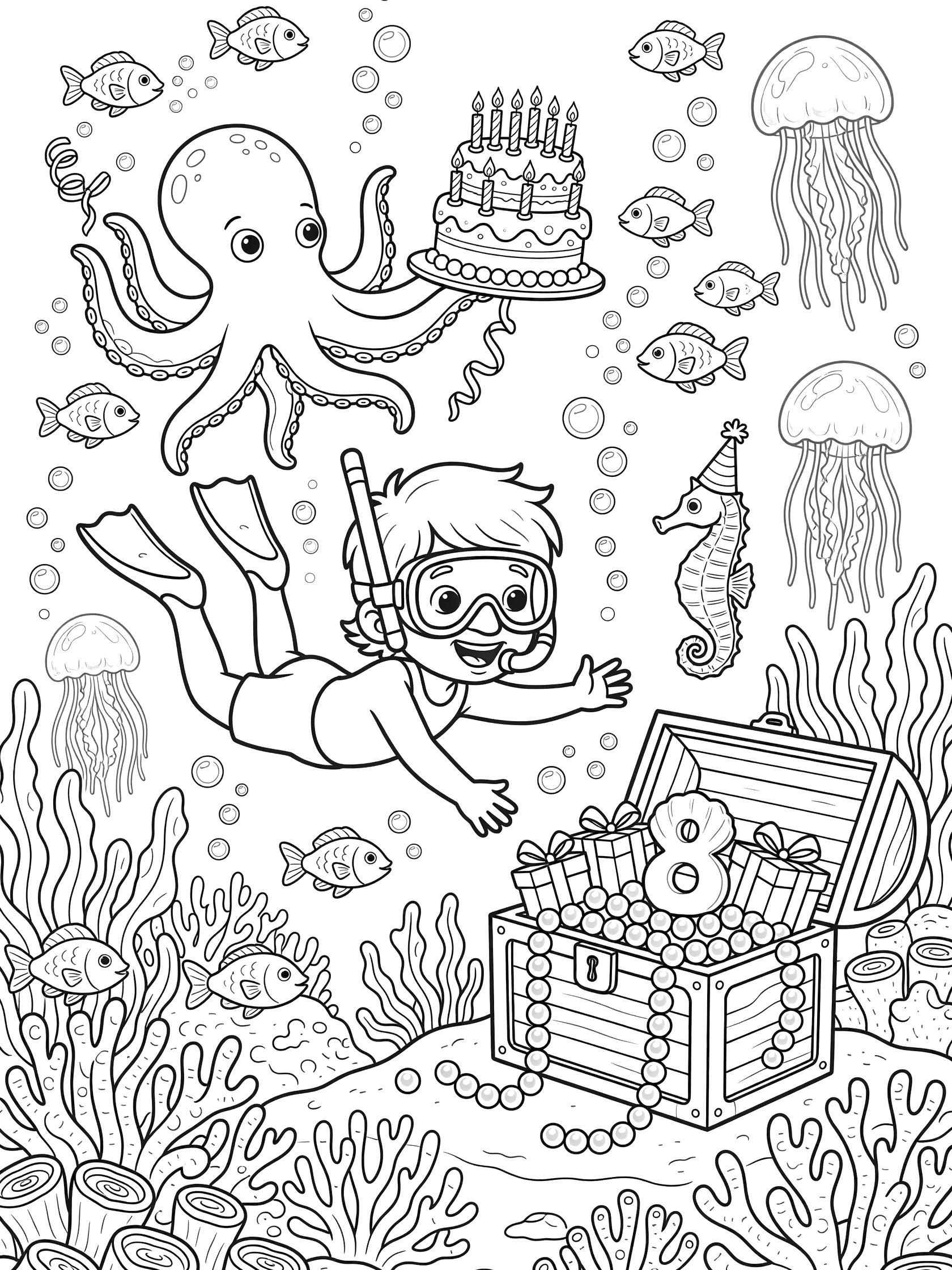 Black and white coloring page of a happy child in snorkel gear reaching for an underwater treasure chest with numeral 8 seashell, gifts, and pearls, celebrated by octopus holding birthday cake, fish, seahorse in party hat, and jellyfish.