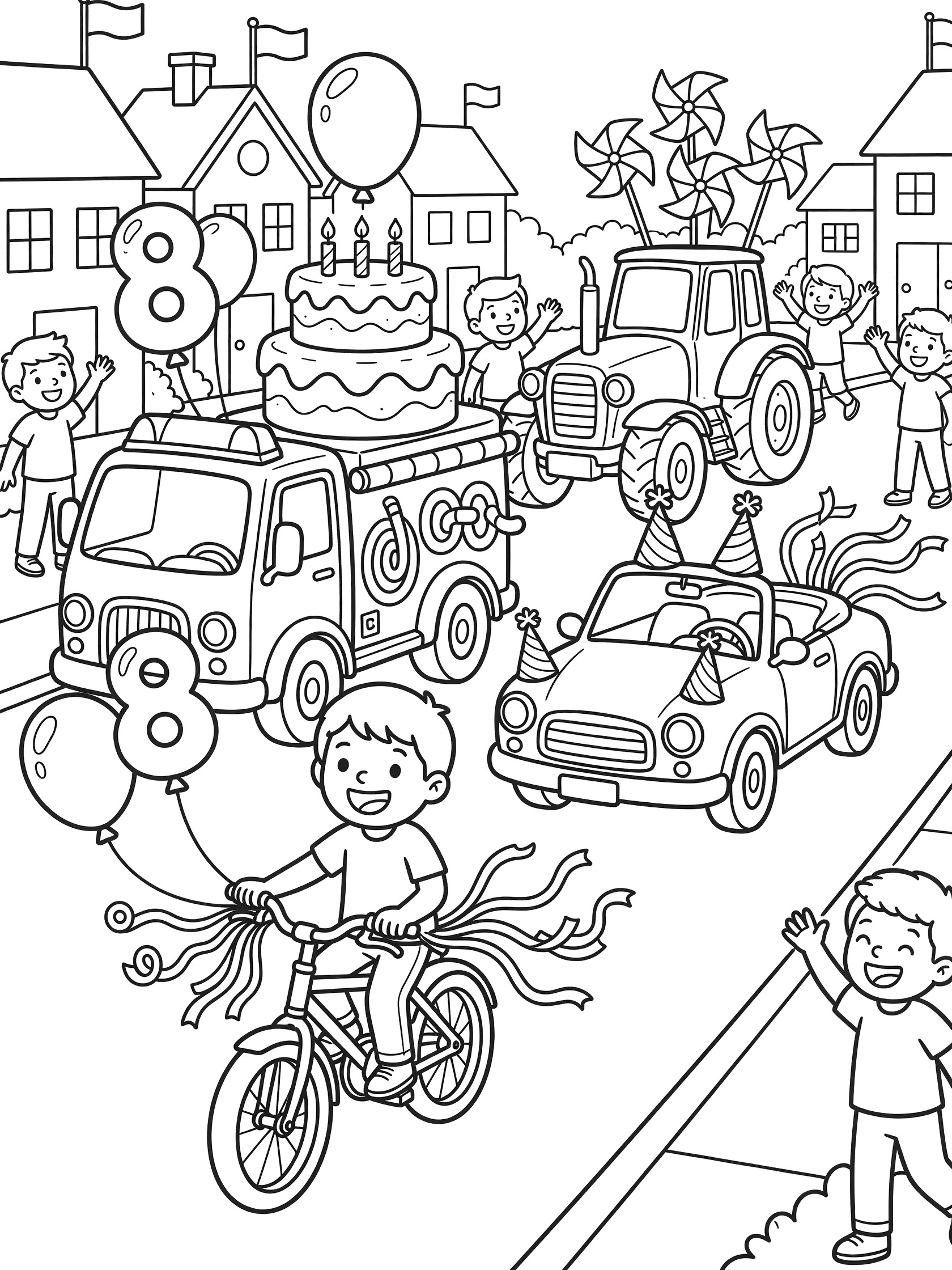 Whimsical line art coloring page showing an 8th birthday parade led by a boy on a decorated bicycle, followed by a fire truck pulling a giant cake, a convertible with party hats, and a tractor float with pinwheels, with houses and waving kids in the background.