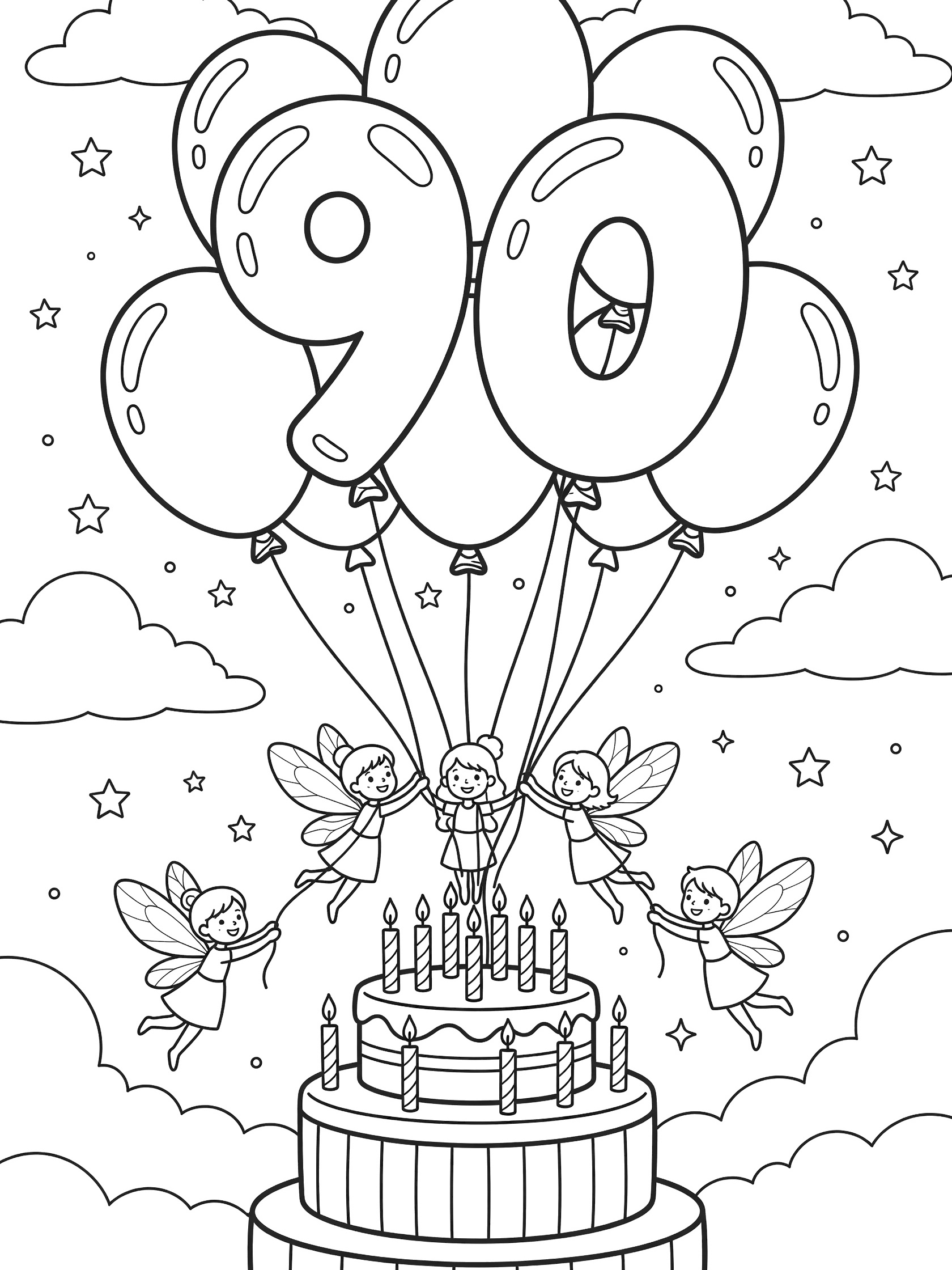Black and white line art coloring page of 90th birthday balloons in 9 and 0 shapes floating with fairies, cake and sky elements