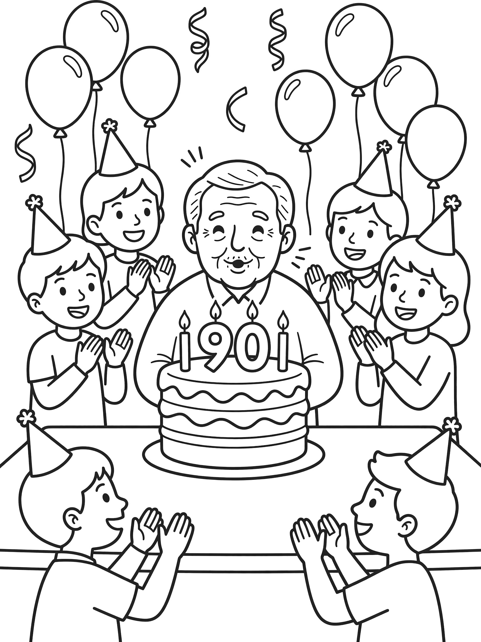 Black and white line art of elderly man blowing out 90-shaped candles on layered birthday cake at party table, surrounded by smiling family members clapping in party hats, balloons and streamers above.
