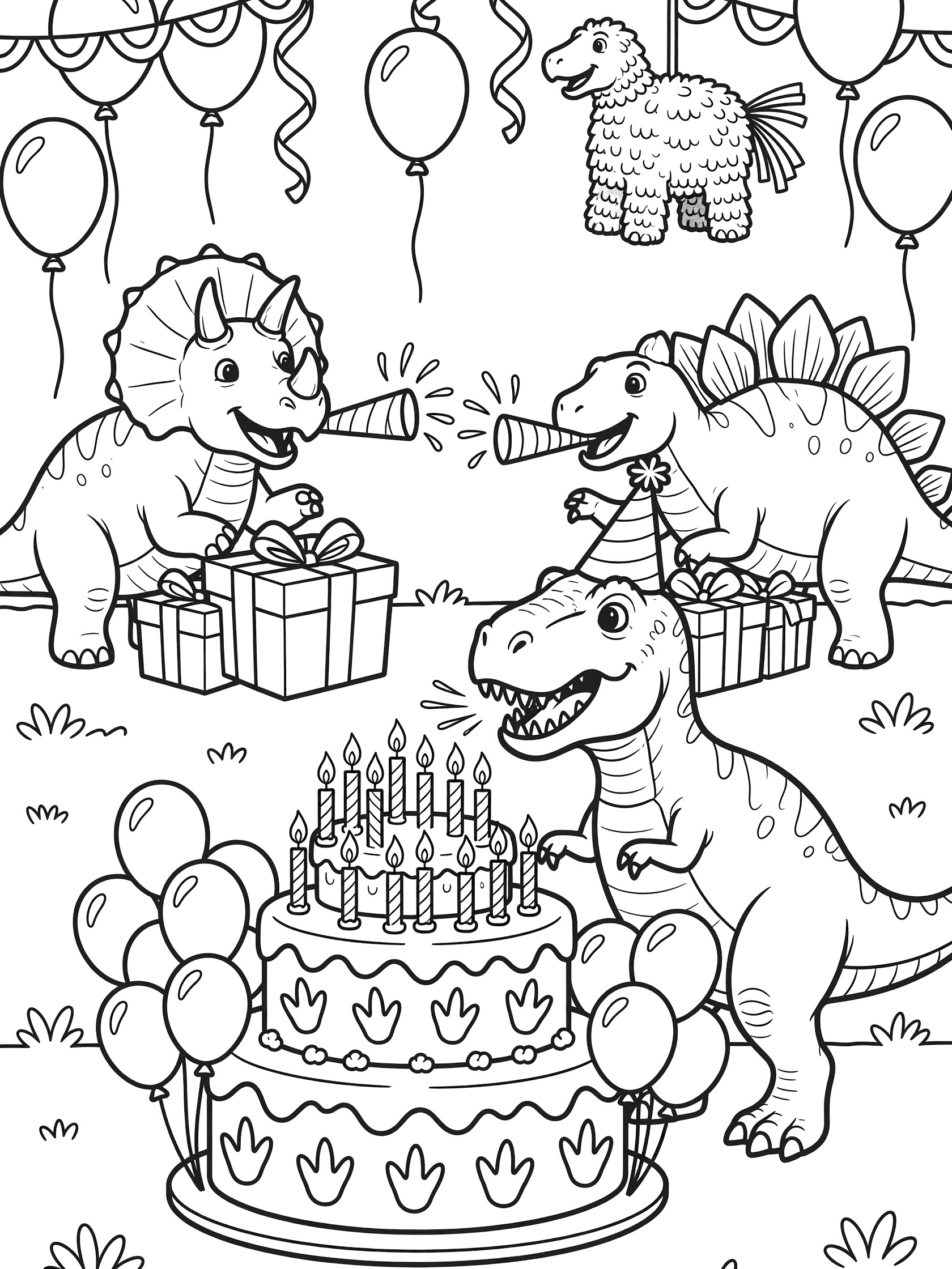 Black and white coloring page of friendly dinosaurs celebrating a 90th birthday: T-Rex in party hat blows candles on dinosaur footprint cake, friends with party horns and gifts, balloons and streamers.
