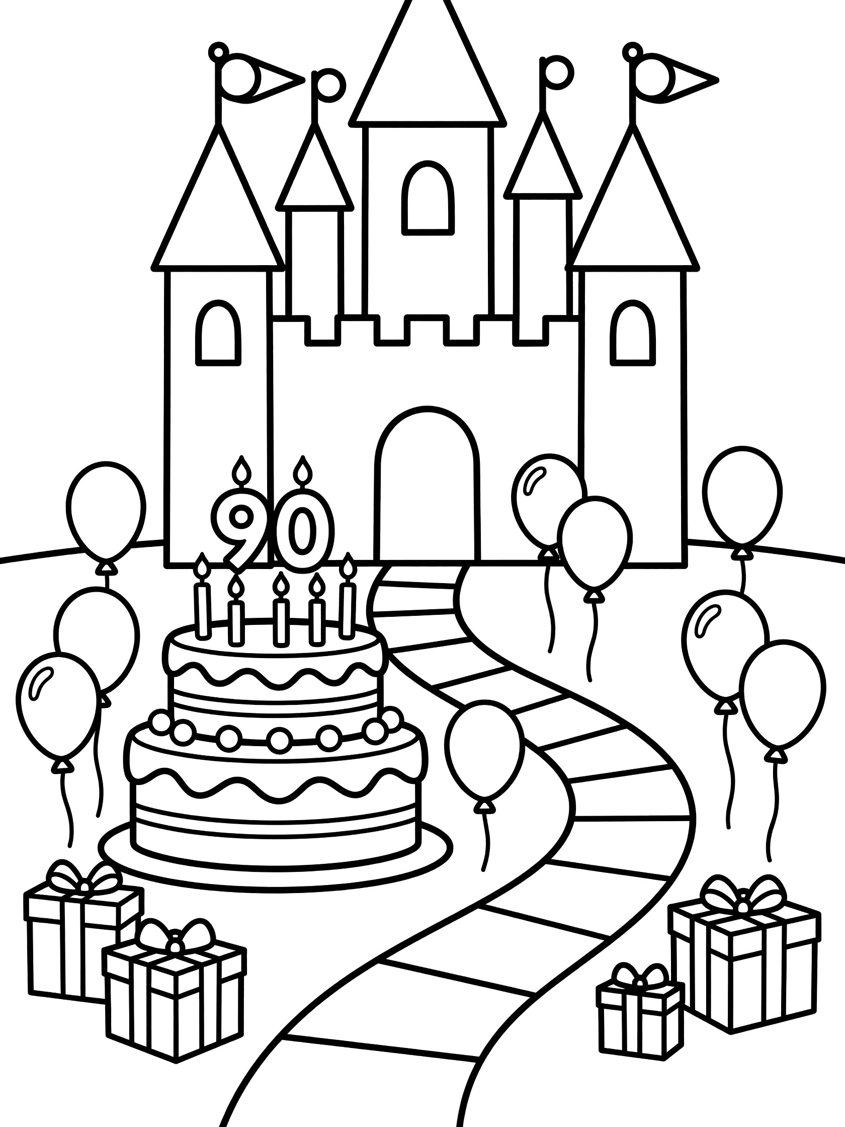 Black and white coloring page of a fairy tale castle for 90th birthday with cake, 90 candles, balloons, gift boxes, and winding path.
