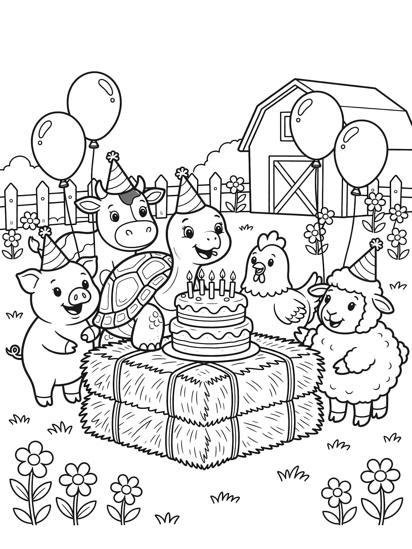 Cartoon farm animals celebrating 90th birthday with tortoise blowing candles on cake at hay bale picnic table, balloons, barn, and wildflowers.