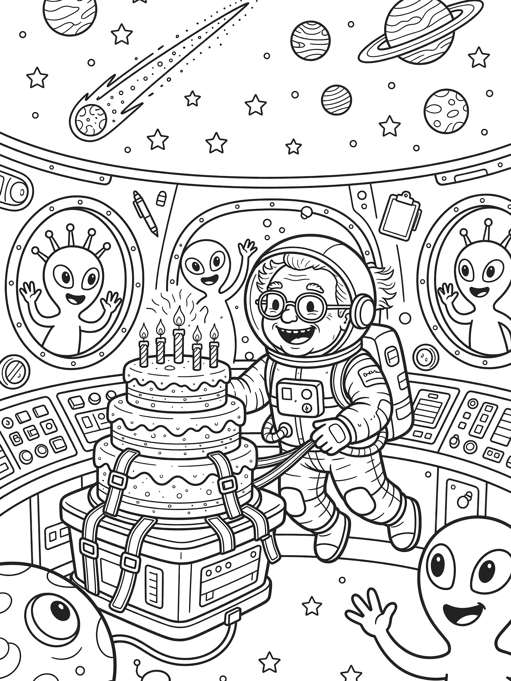 Cute cartoon elderly astronaut with glasses blowing out birthday candles on a cake in a spaceship cockpit for 90th birthday space adventure coloring page