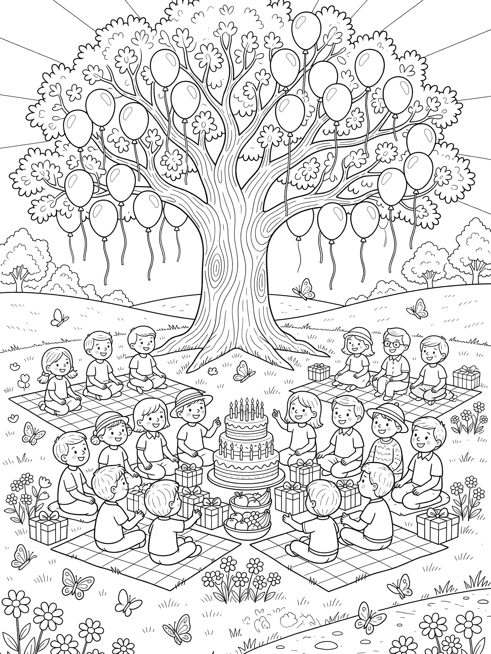 Line art coloring page showing a joyful 90th birthday gathering around a decorated tree with families picnicking on blankets with cake and presents.