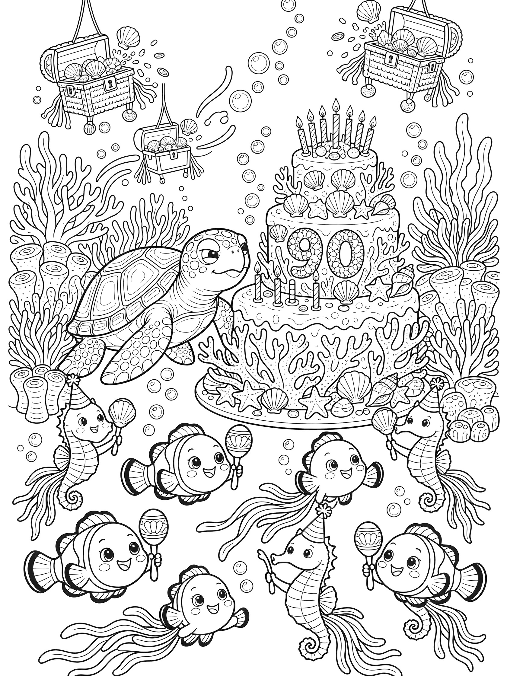 Detailed black-and-white coloring page of 90th birthday underwater fiesta with wise turtle blowing out candles on seashell '90' coral cake, chubby fish and seahorses with maracas, bubbles, coral, and treasure chests.