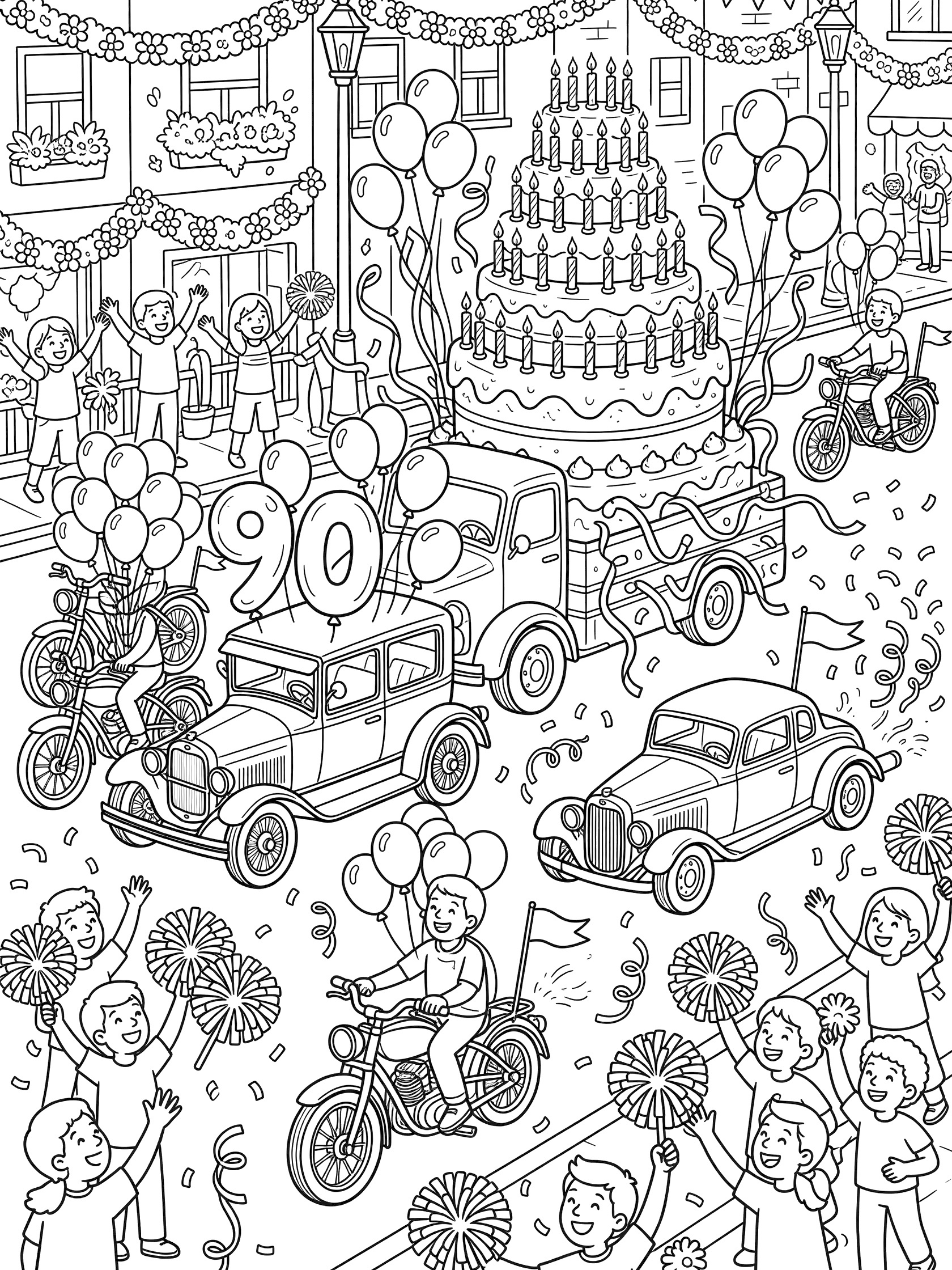 Black and white line art of a 90th birthday vehicle parade featuring a vintage car with '90' balloons, truck with huge cake and candles, bicycles, motorcycle, confetti, and waving onlookers.