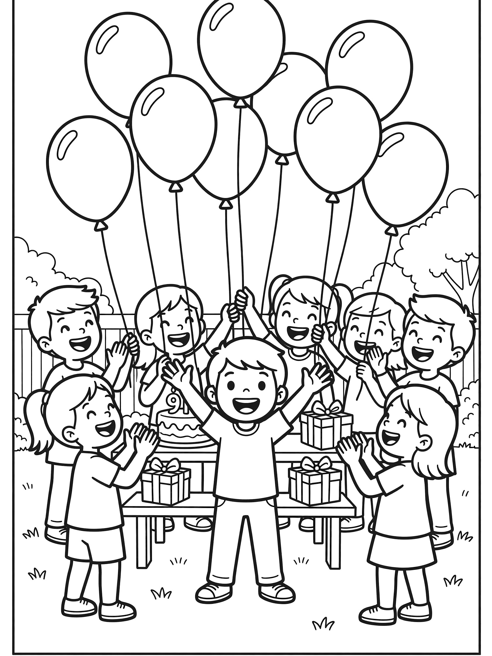 Black and white line art of children holding nine balloons for a 9th birthday party, with cake and presents on a picnic table.