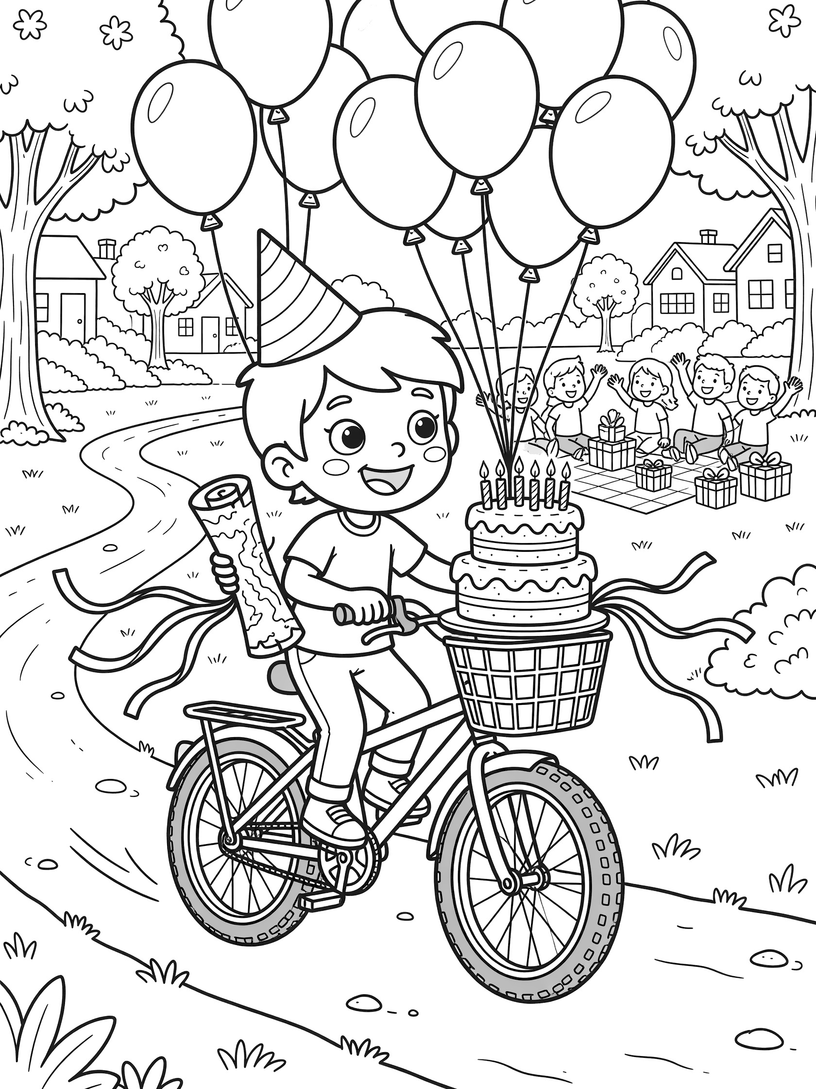 Black and white line art coloring page for 9th birthday showing a tween boy on a bicycle with nine balloons, birthday cake in basket, party hat, and map, heading to picnic party.