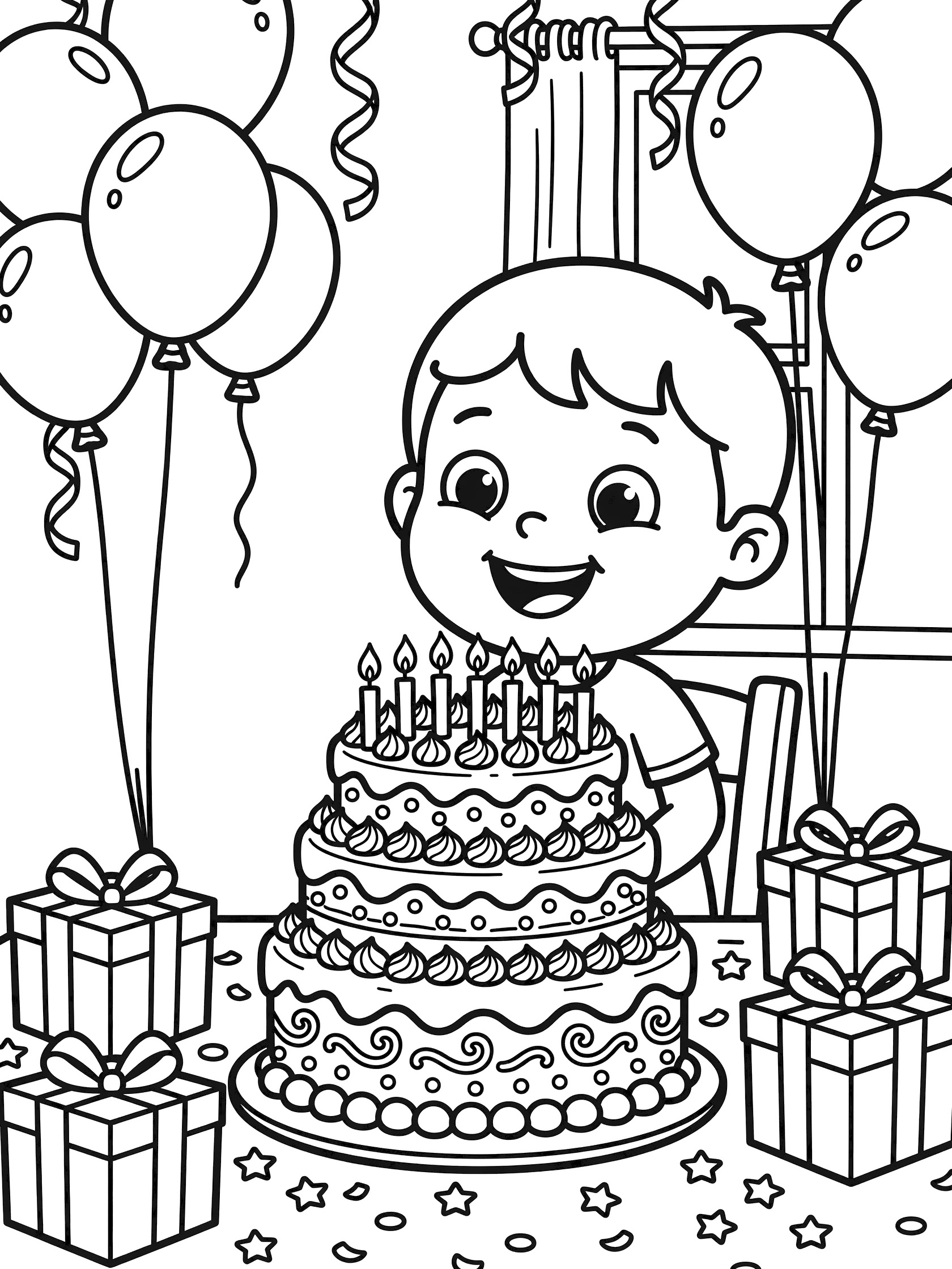 Cute cartoon boy smiling and blowing out nine candles on a tall decorated birthday cake, surrounded by balloons, gifts, and party confetti on a table.