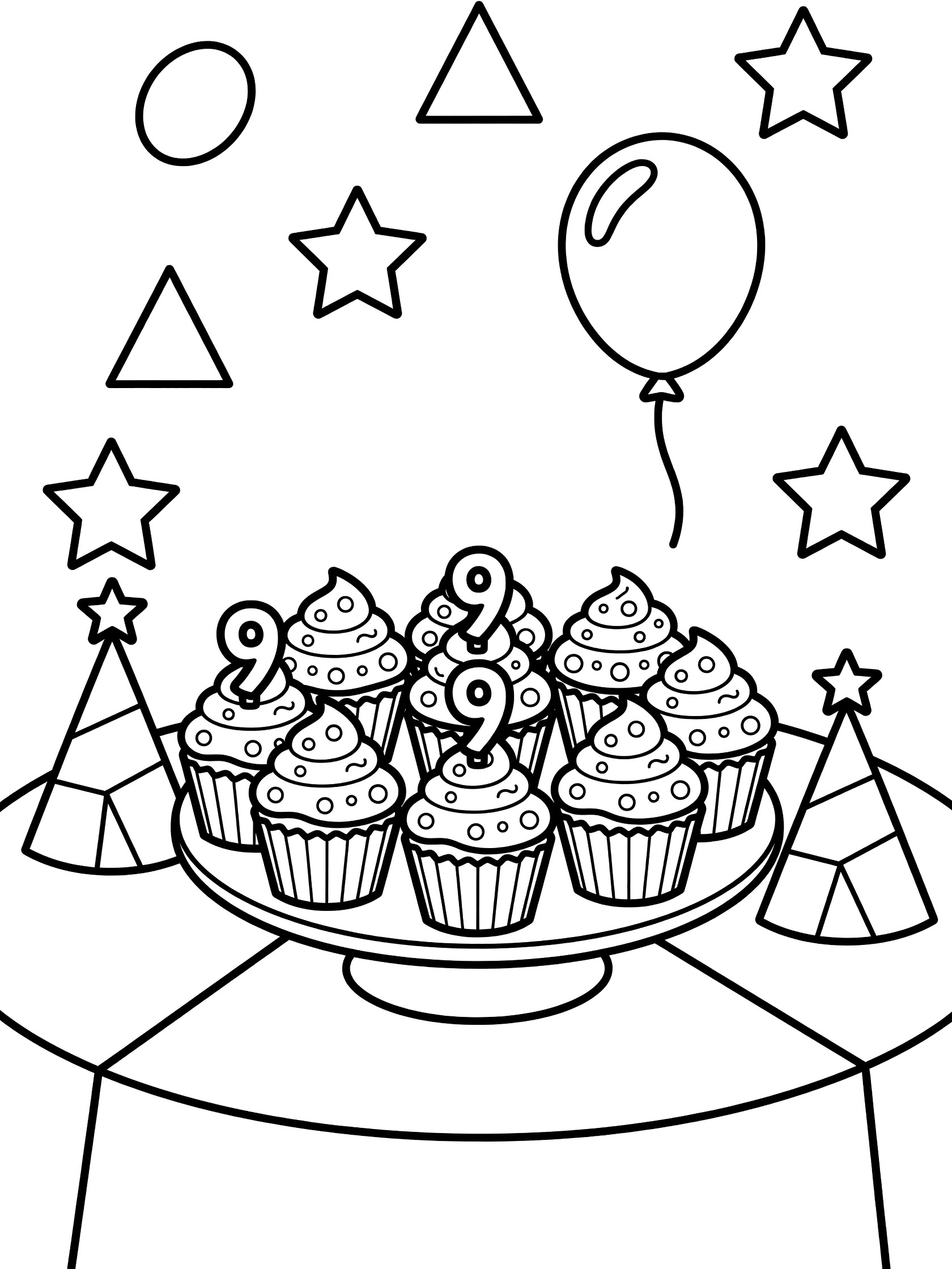 Black and white line art coloring page of nine cupcakes arranged in a circle for 9th birthday, topped with 9 candles and icing, party hats, stars and balloons.