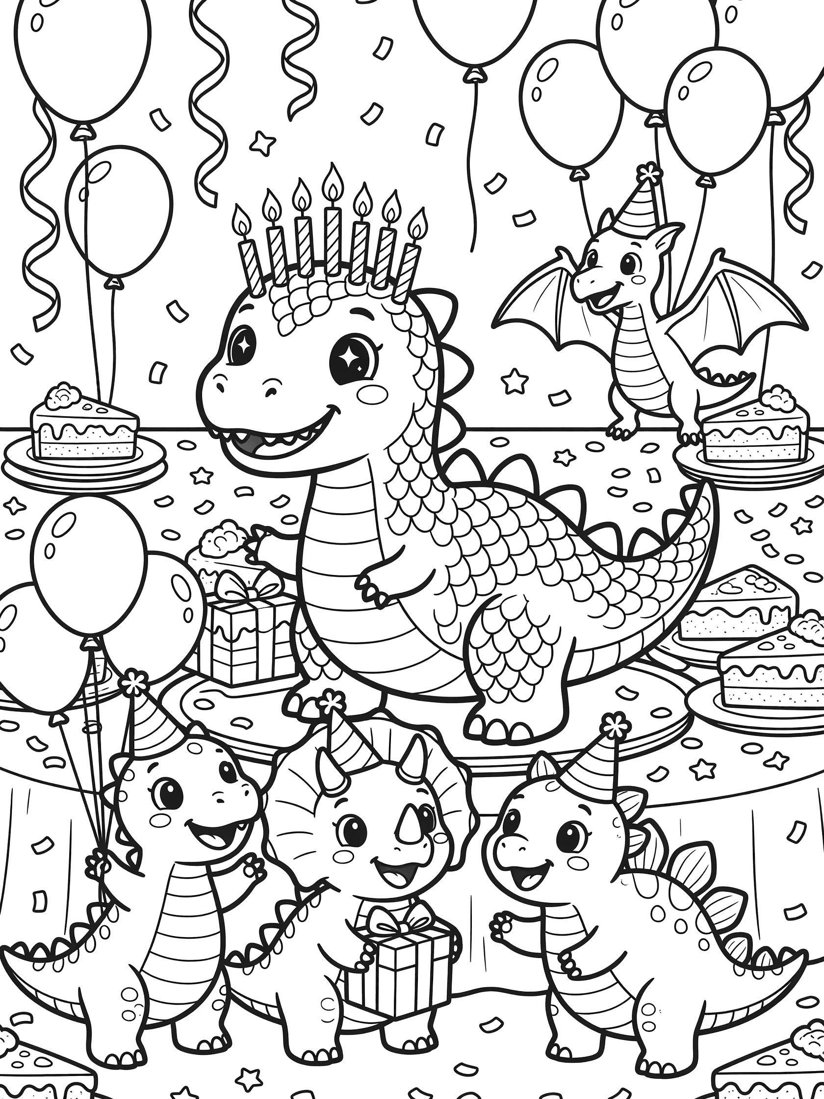 Kawaii line art coloring page showing a dinosaur-shaped cake with nine candles on a party table, surrounded by excited chibi dinosaurs wearing party hats, holding balloons and gifts, with confetti and streamers.