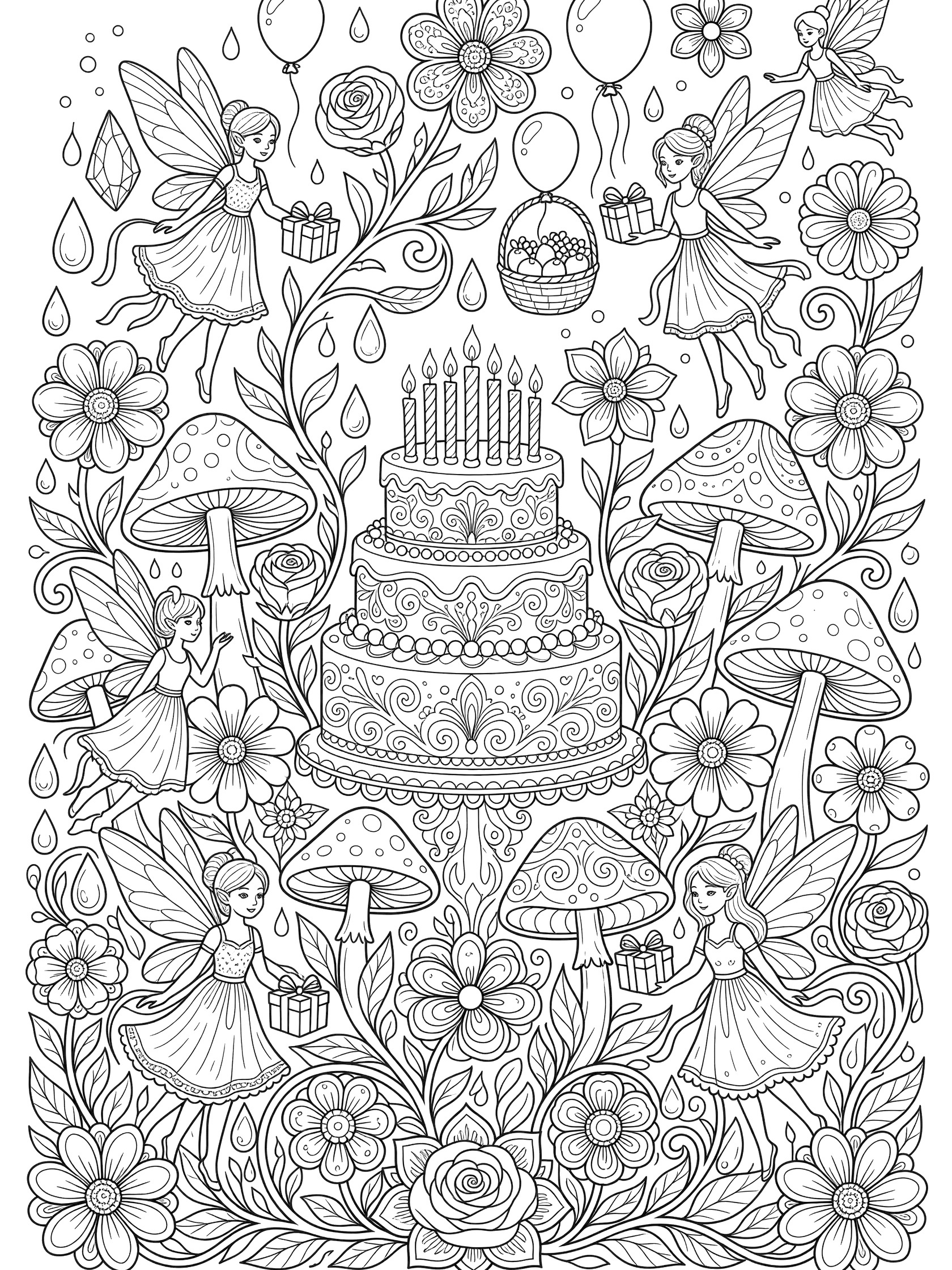 Black and white line art of enchanted 9th birthday fairy garden with central cake topped by nine candles, surrounded by fairies holding presents and baskets, mushrooms, vines, and flowers.
