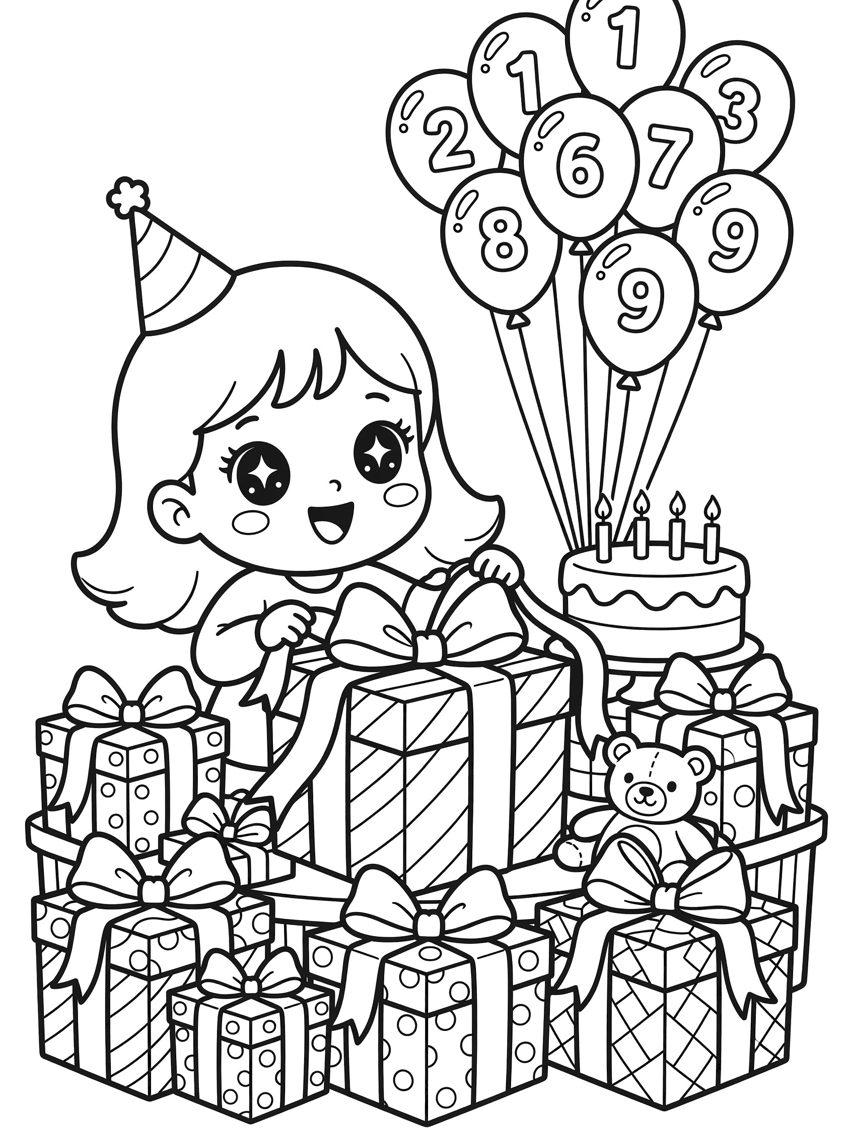 Black and white line art of kawaii girl with big eyes excitedly opening a large birthday gift at a table with eight more wrapped presents, nine numbered balloons, and a cake for 9th birthday.
