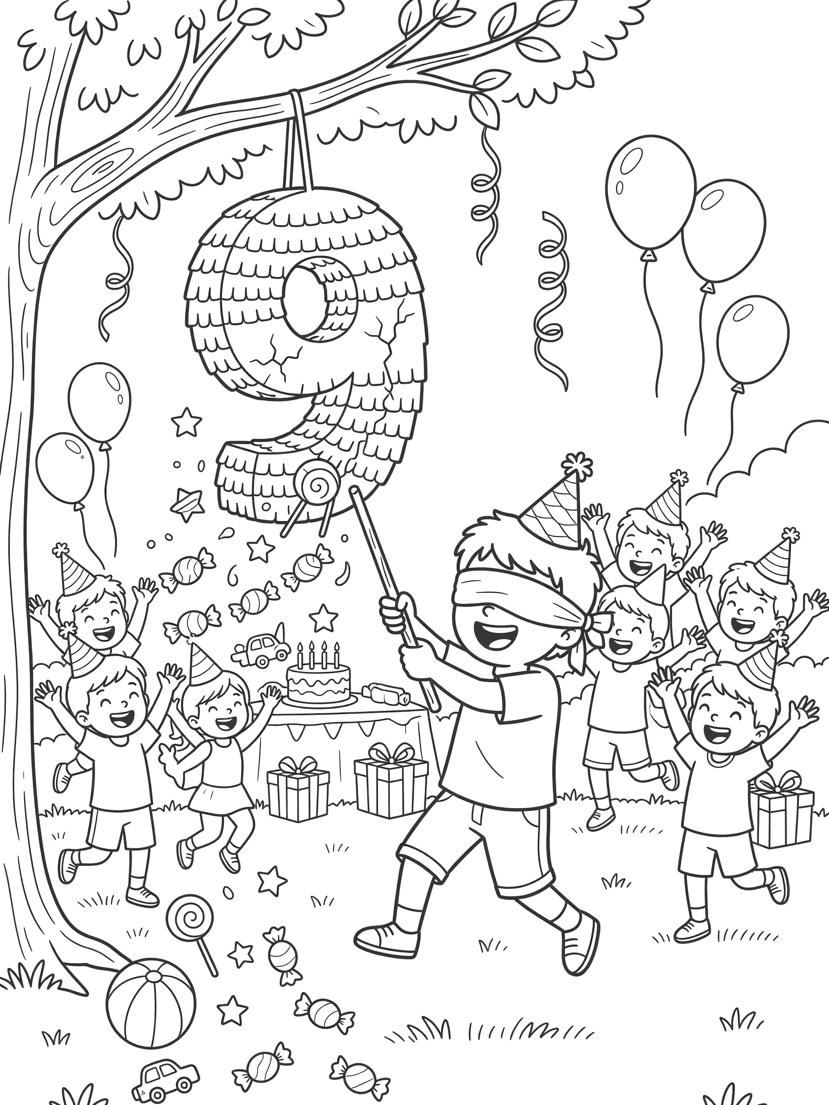 Black and white line art of a child blindfolded swinging at a big number 9 piñata hanging from a tree. Kids jump with excitement, candy falls, party table with cake and presents in back.