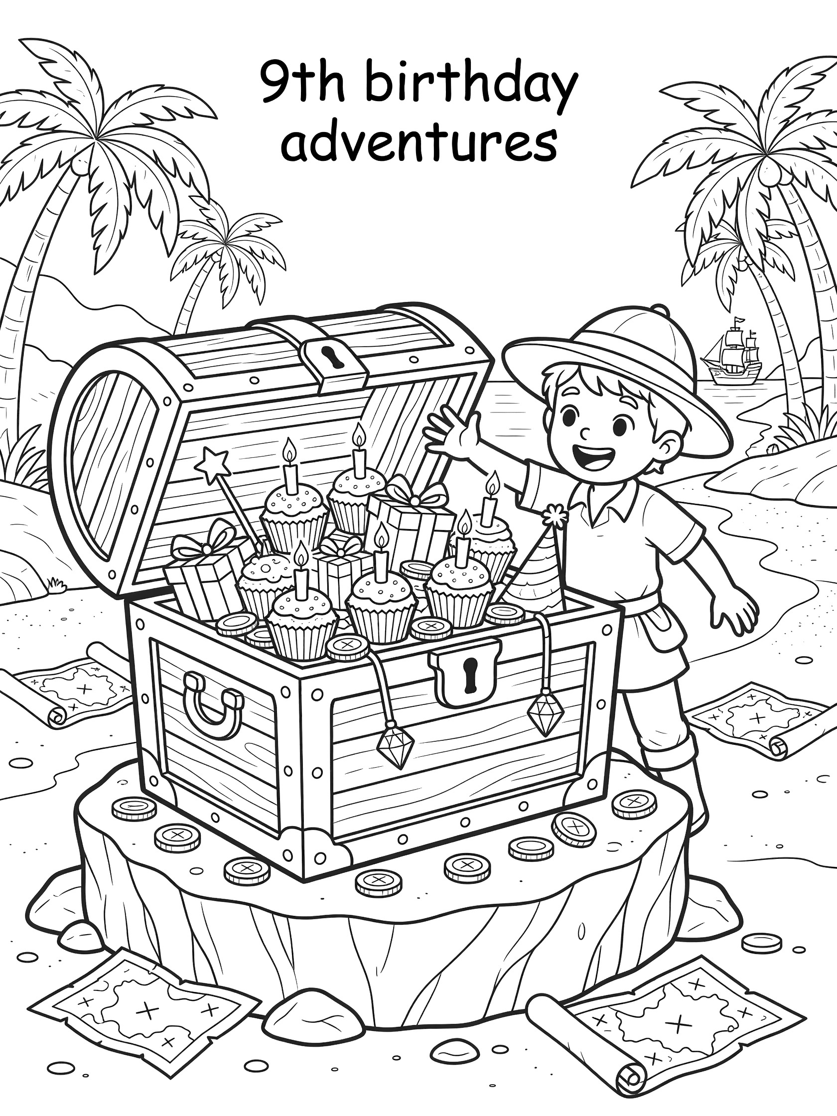 Black and white coloring page of a child in adventurer hat reaching into an open treasure chest spilling 9th birthday cupcakes with candles, gifts, coins, hats, wands, and gems on a rocky pedestal in a pirate cove.