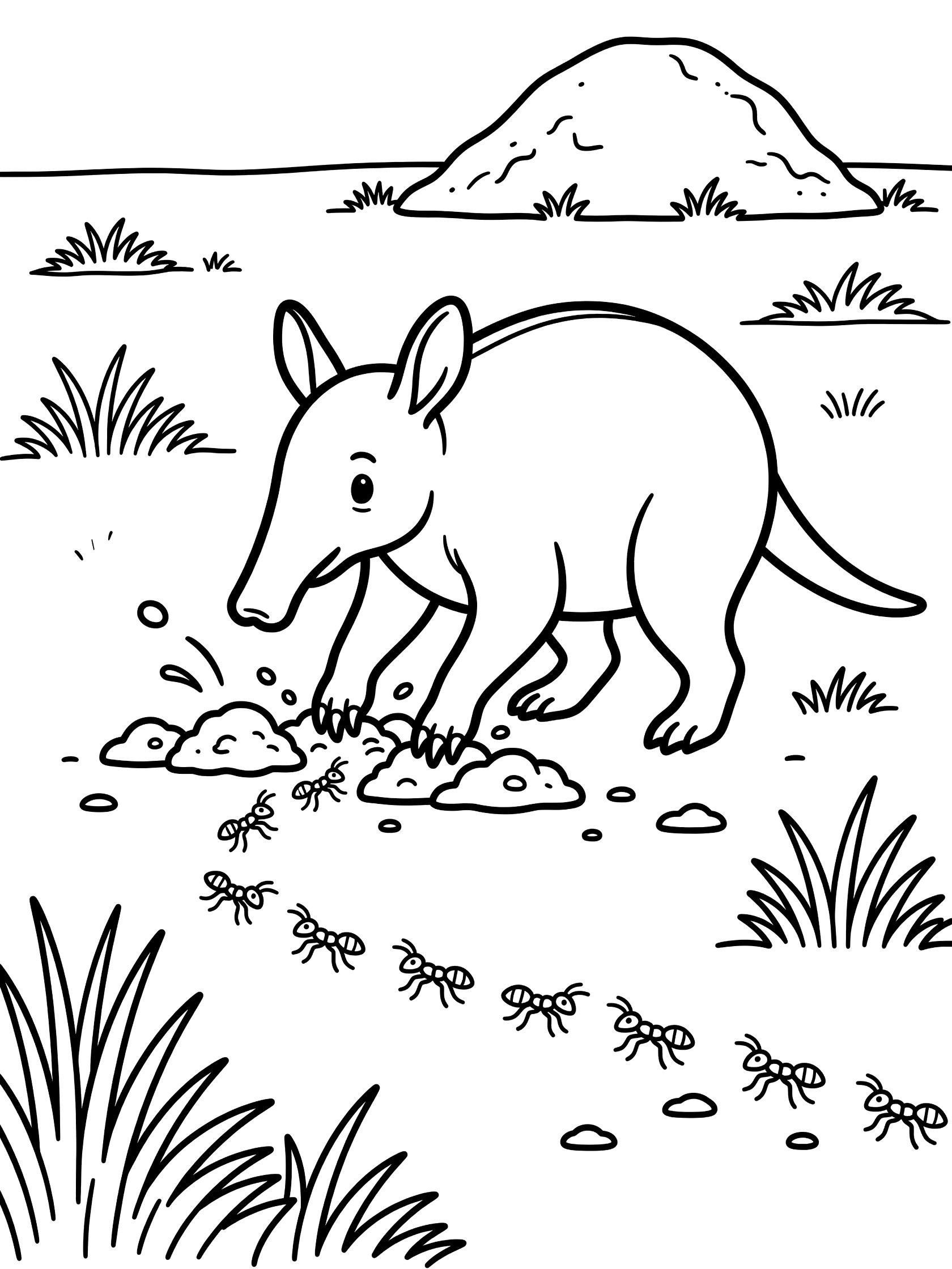 Black and white line art coloring page showing a cute aardvark with long snout digging into soil with ants, surrounded by grass and a distant mound.