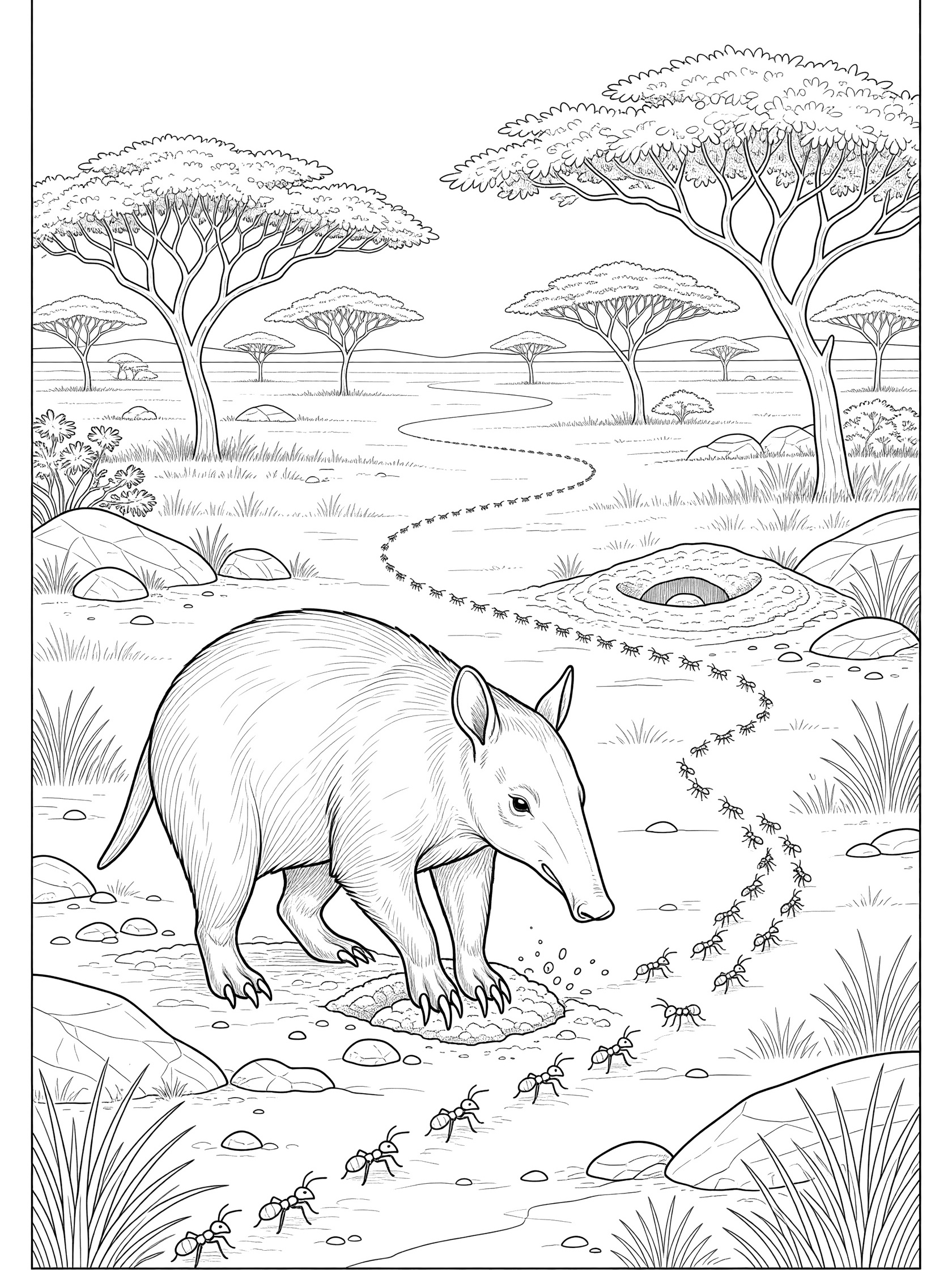 Black and white line art coloring page showing an aardvark with long snout scratching ground near ants and nest, acacia trees, rocks, and grass in savanna scene.