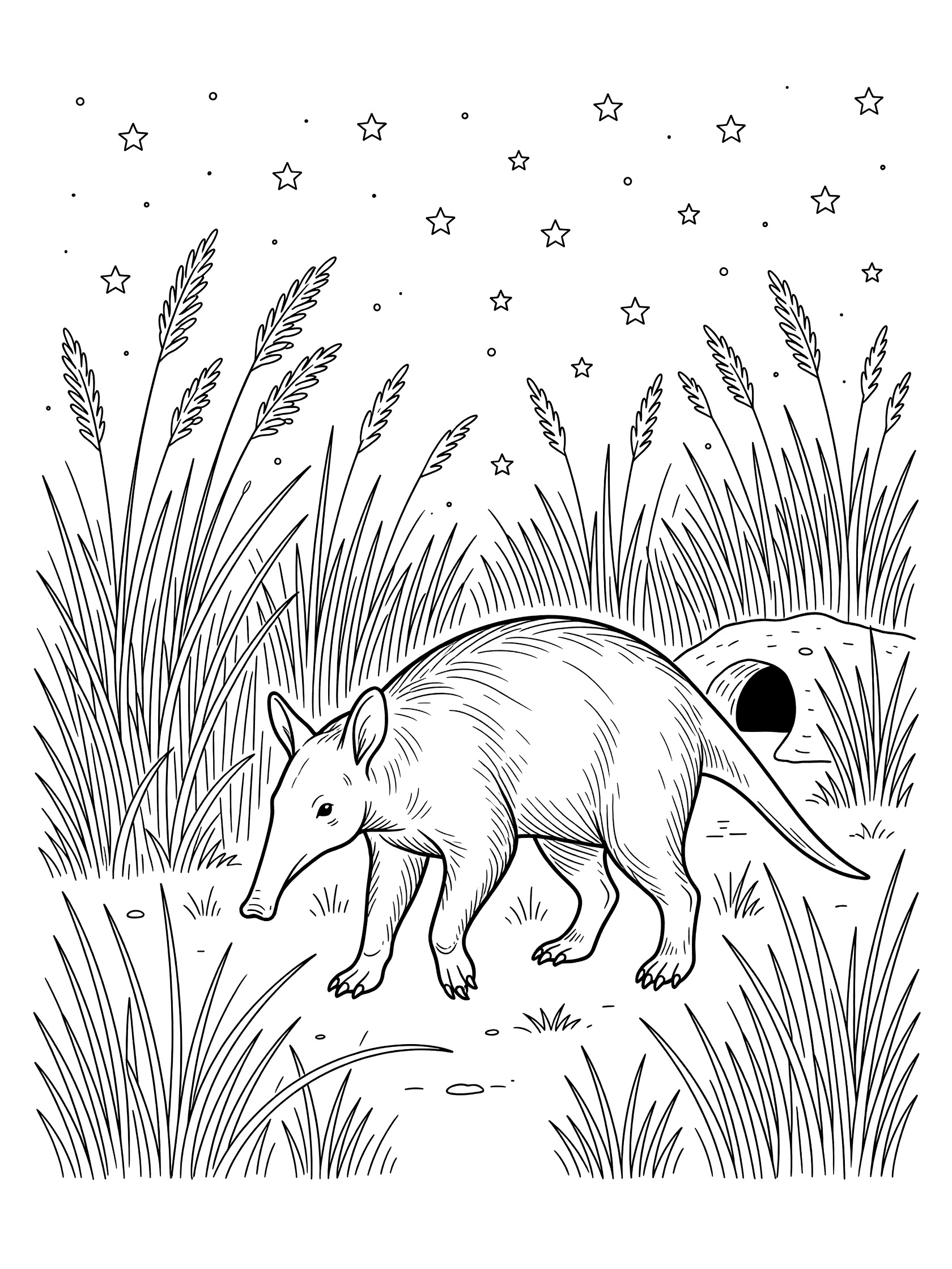 Black and white line art coloring page of an aardvark with long snout walking in tall grasses beside a burrow entrance with stars above.