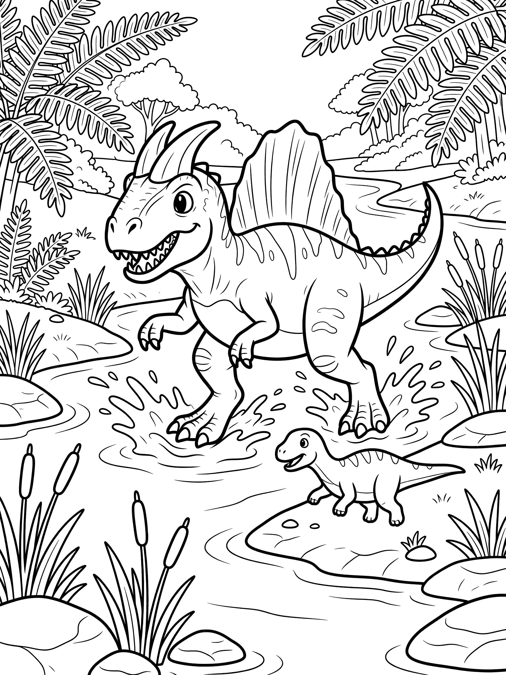 Cute cartoon Acrocanthosaurus dinosaur lunging through shallow river water hunting a small fleeing dinosaur, surrounded by reeds, rocks, ferns, and riverbank plants in detailed line art.