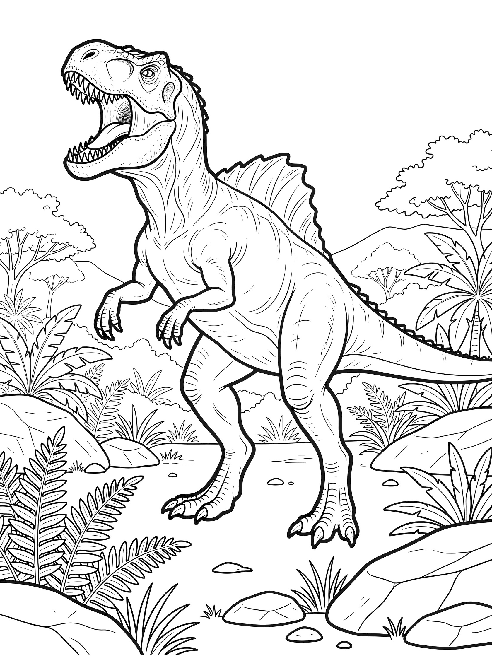 Black and white coloring page of Acrocanthosaurus dinosaur rearing up roaring with open mouth, tall back sail, surrounded by jungle ferns, rocks, and distant hills.
